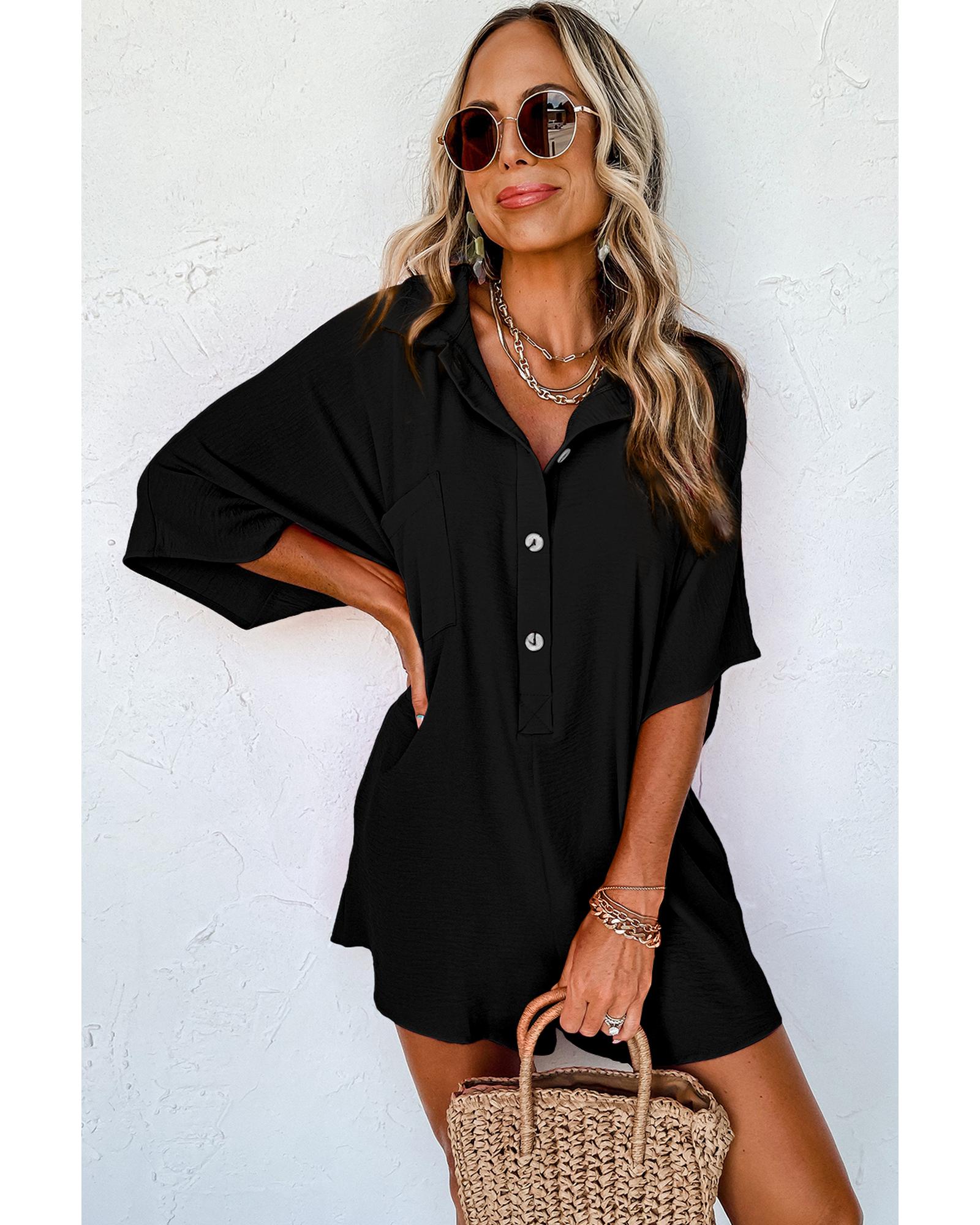 V539-AZEXDC6413069-P2-XL-202508291655-00 Black Half Button Collared Loose Romper - XL - Image 1