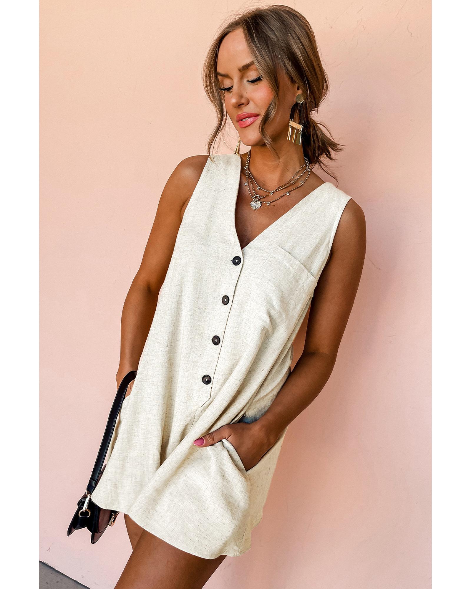 V539-AZEXDC6413470-P15-L-202508281750-00 Beige Sleeveless V Neck Buttoned Front Chest Pocket Romper - L - Image 1