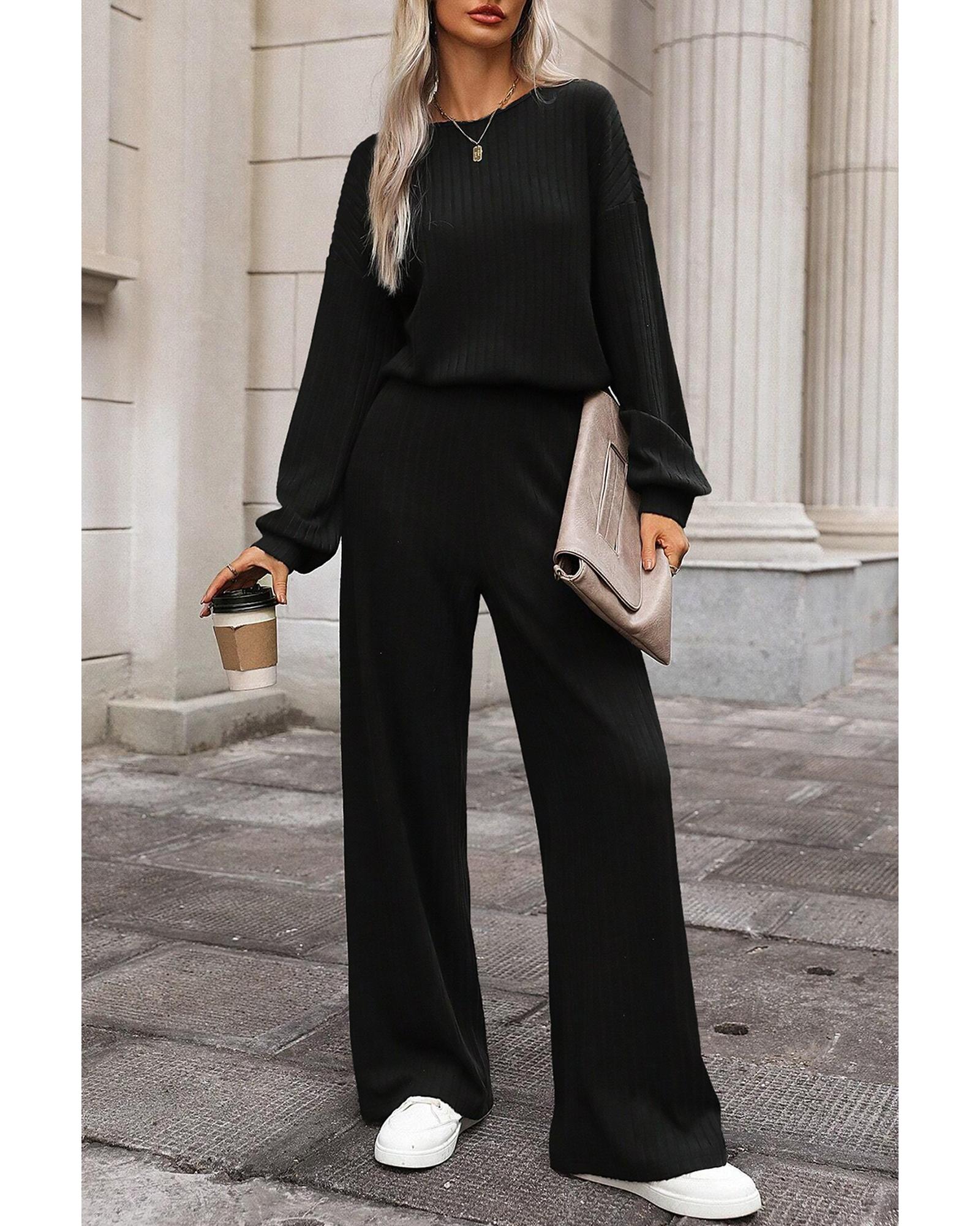 V539-AZEXDC6413558-P2-L-202508300125-00 Black Solid Ribbed Knit Keyhole Back High Waist Jumpsuit - L - Image 1