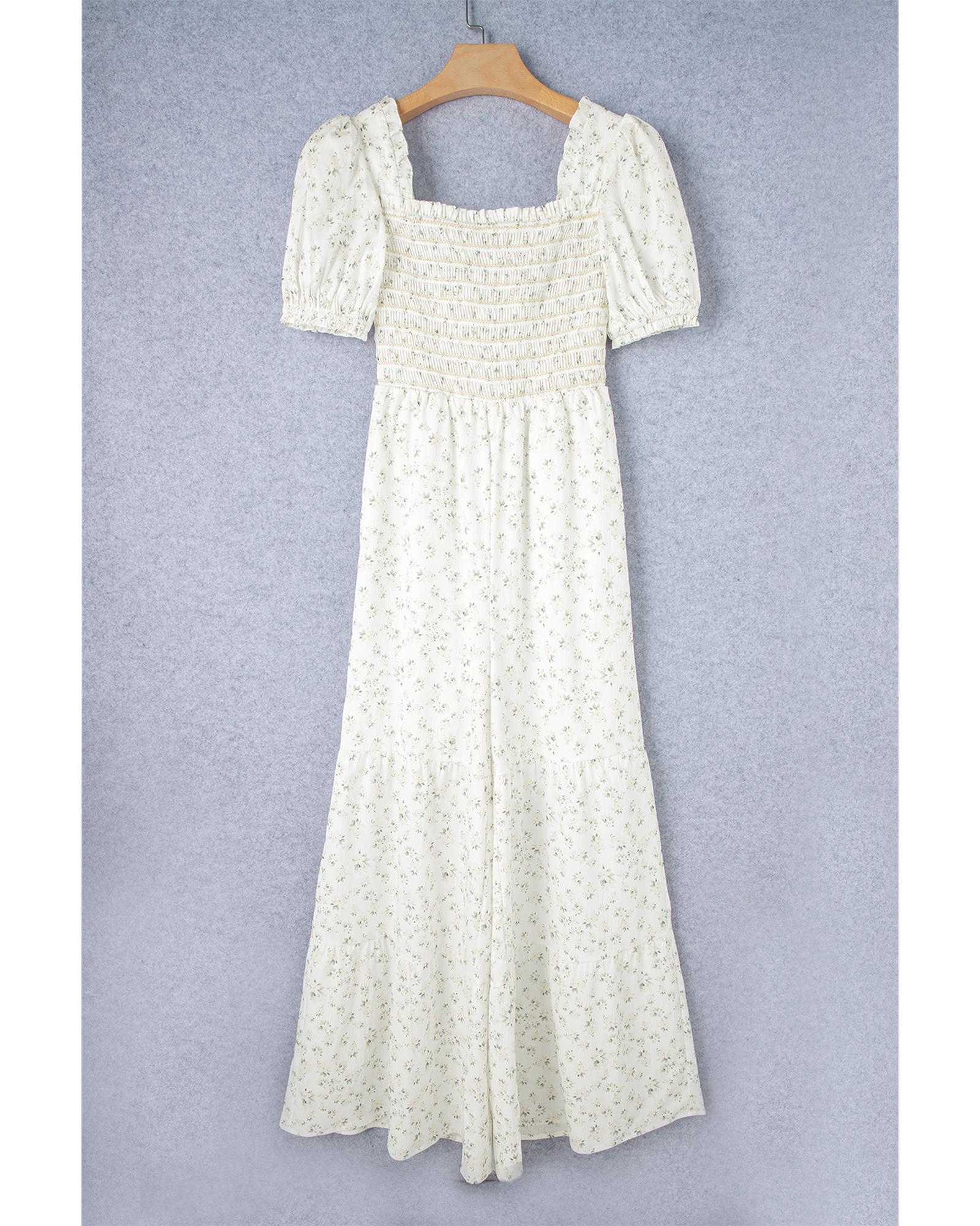 V539-AZEXDC6413571-P120-XL-202508280740-00 White Boho Floral Smocked Wide Leg Short Puff Sleeve Jumpsuit - XL - Image 1