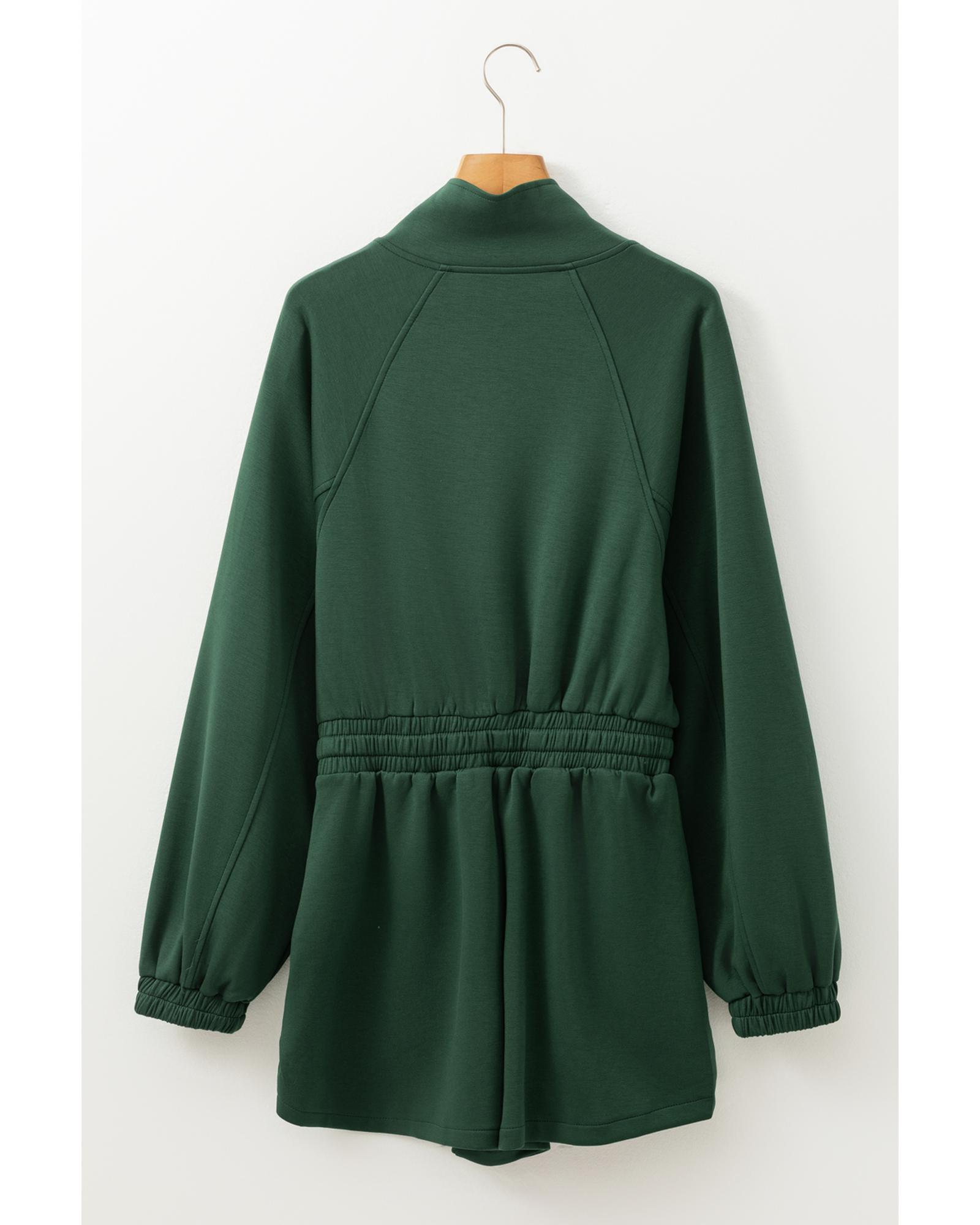 V539-AZEXDC6413795-P309-XL-202508281340-00 Blackish Green Collared Half Zip French Terry Knit Drawstring Casual Romper - XL - Image 1