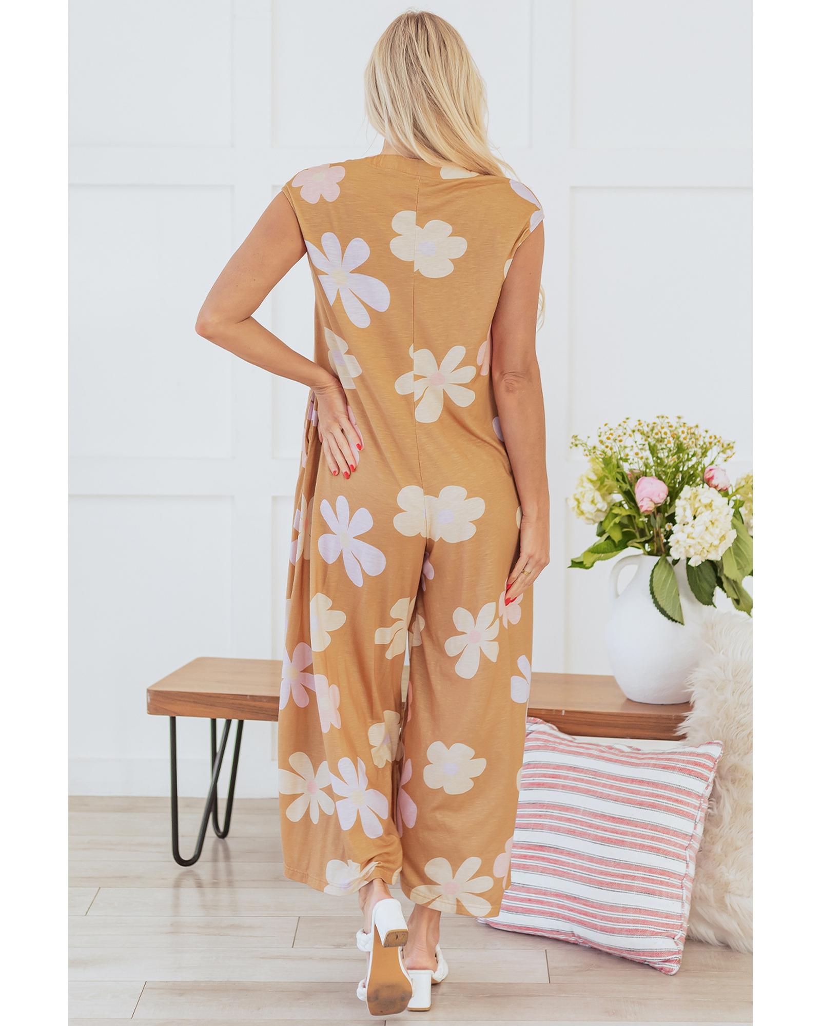 V539-AZEXDC6413803-P1620-L-202508281625-00 Khaki Floral Print Sleeveless Button up Wide Leg Loose Jumpsuit - L - Image 1