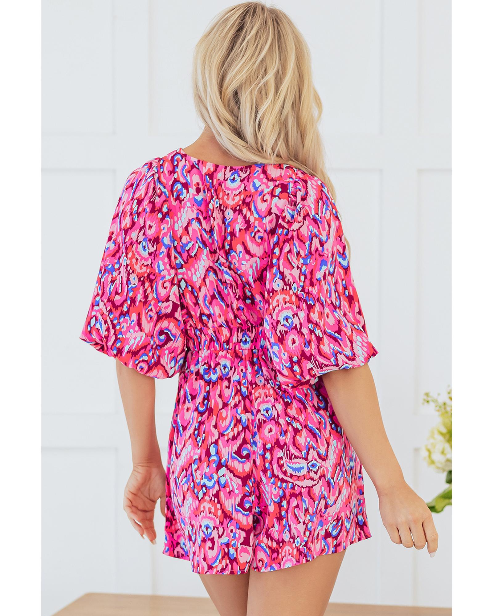 V539-AZEXDC6413824-P1020-M-202508300455-00 Pink Abstract Print Puff Sleeve V Neck High Waist Romper - M - Image 1