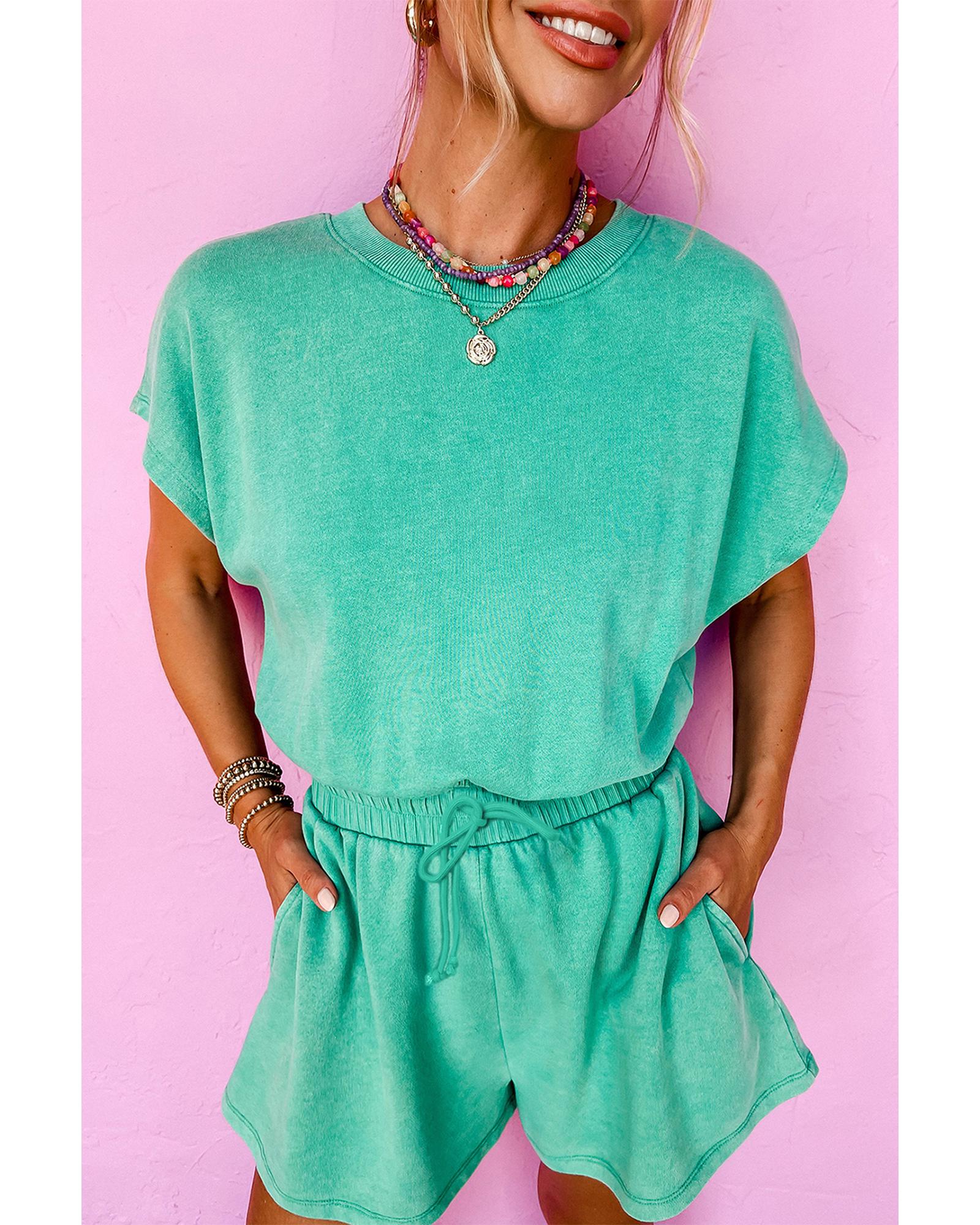 V539-AZEXDC6413848-P409-M-202508310130-00 Sea Green Mineral Wash Drawstring Waist Hollow Out Back Short Sleeve Romper - M - Image 1