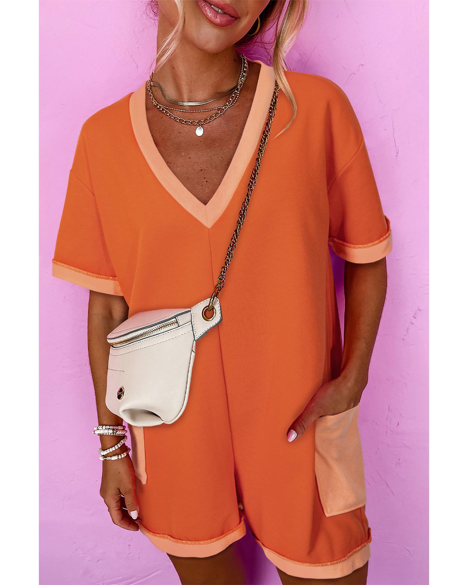 V539-AZEXDC6413849-P7014-XL-202508301535-00 Russet Orange Two-tone Short Sleeve V Neck Patched Pocket Loose Romper - XL - Image 1