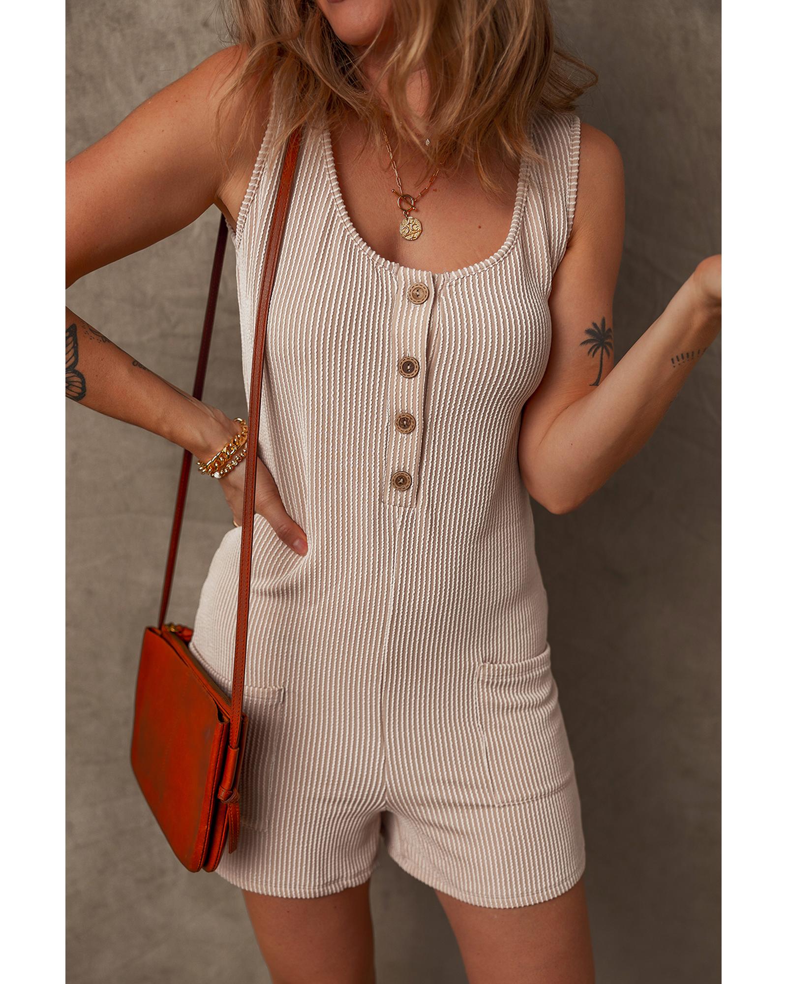 V539-AZEXDC6413850-P6016-L-202508301700-00 Parchment Corded Knit Side Pockets Buttoned Sleeveless Romper - L - Image 1