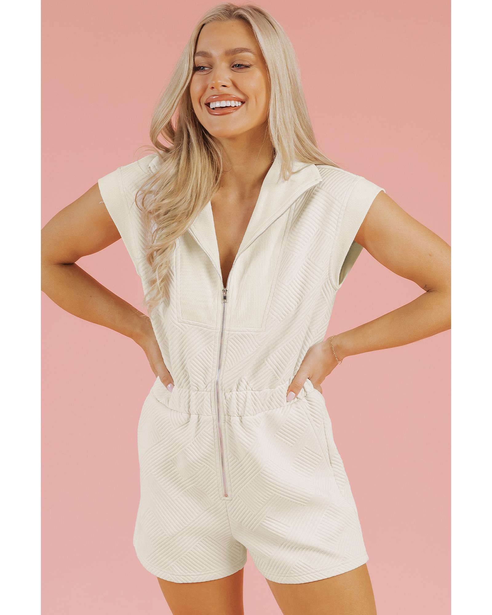 V539-AZEXDC6413853-P2015-L-202508300805-00 Jet Stream Textured Zipped Front V Neck Collared Casual Romper - L - Image 1