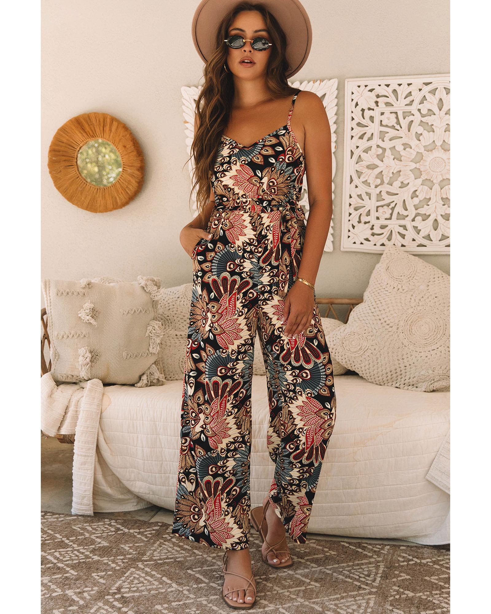 V539-AZEXDC6413865-P220-XL-202508302315-00 Black Floral Print Belted Sleeveless Wide Leg Jumpsuit - XL - Image 1