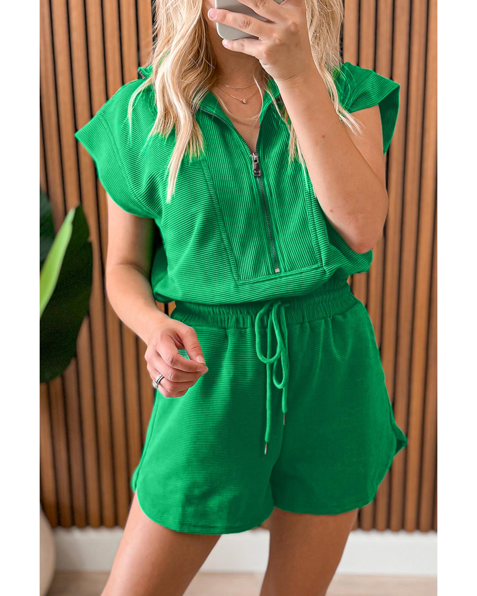 V539-AZEXDC6413894-P109-S-202506150322-00 Bright Green Textured Short Sleeve Half Zip Drawstring Waist Romper - S - Image 1