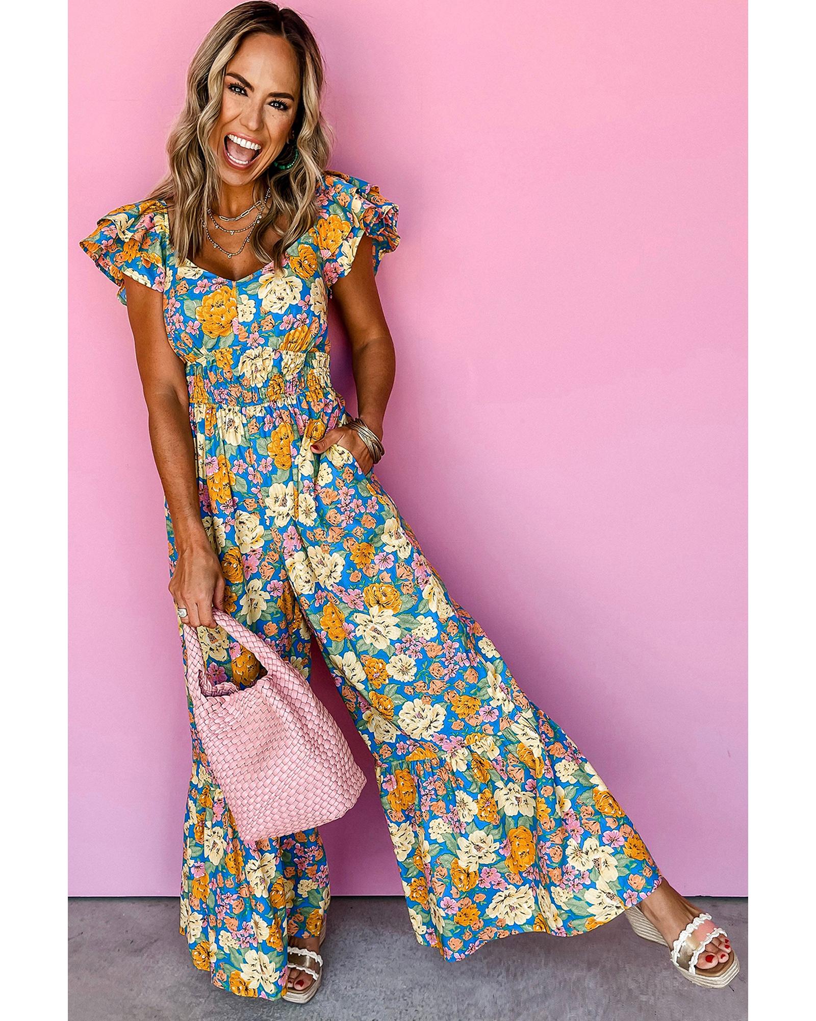V539-AZEXDC6413950-P720-S-202506150340-00 Yellow Floral Allover Print Shirred Cut Out High Waist Jumpsuit - S - Image 1