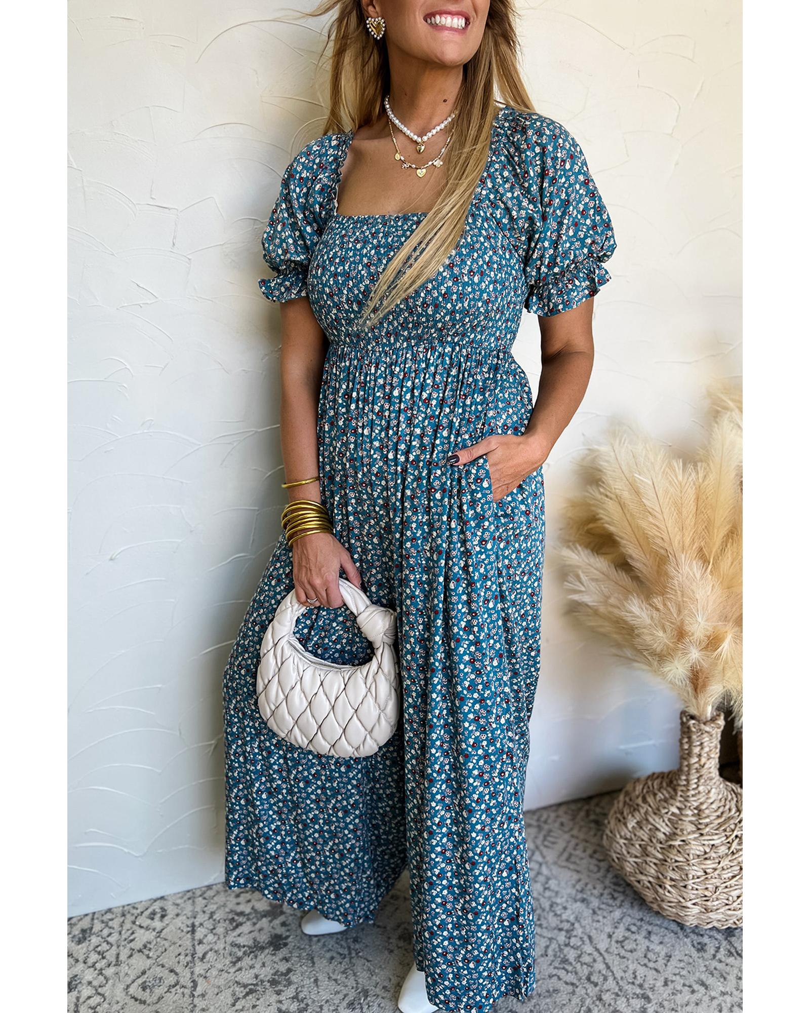 V539-AZEXDC6414022-P520-S-202506150347-00 Blue Vintage Boho Floral Smocked Short Puff Sleeve Wide Leg Jumpsuit - S - Image 1