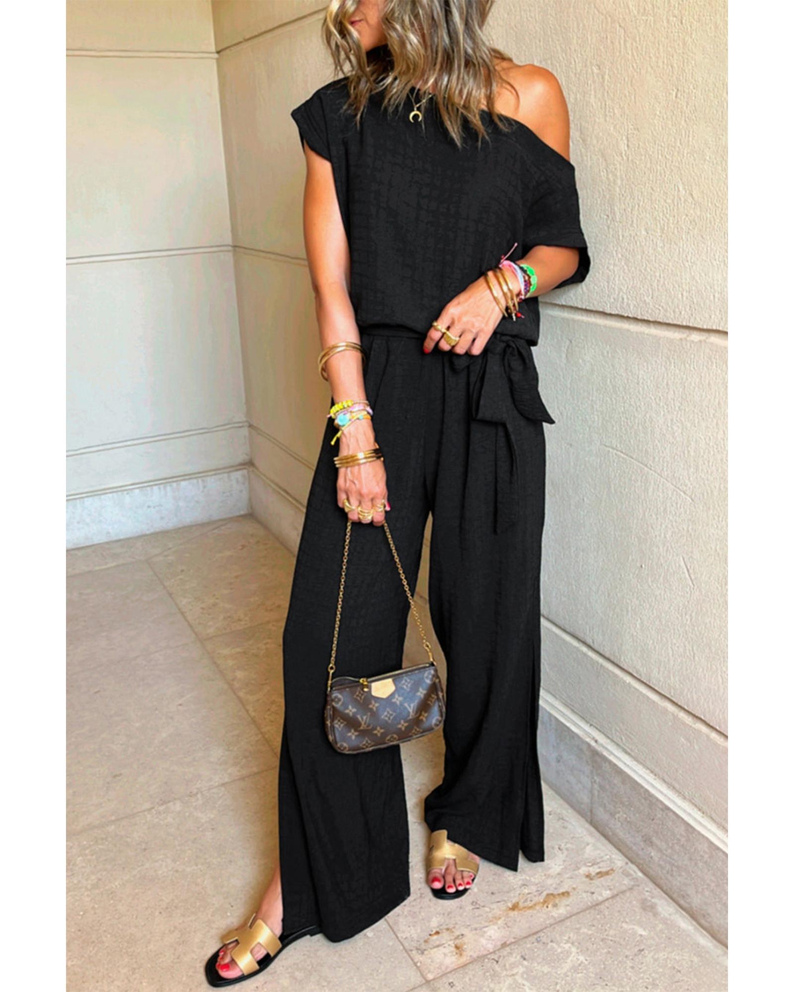 V539-AZEXDC6414048-P2-L-202508301820-00 Black Checkered Mesh One Shoulder Short Sleeve Knotted Waist Jumpsuit - L - Image 1