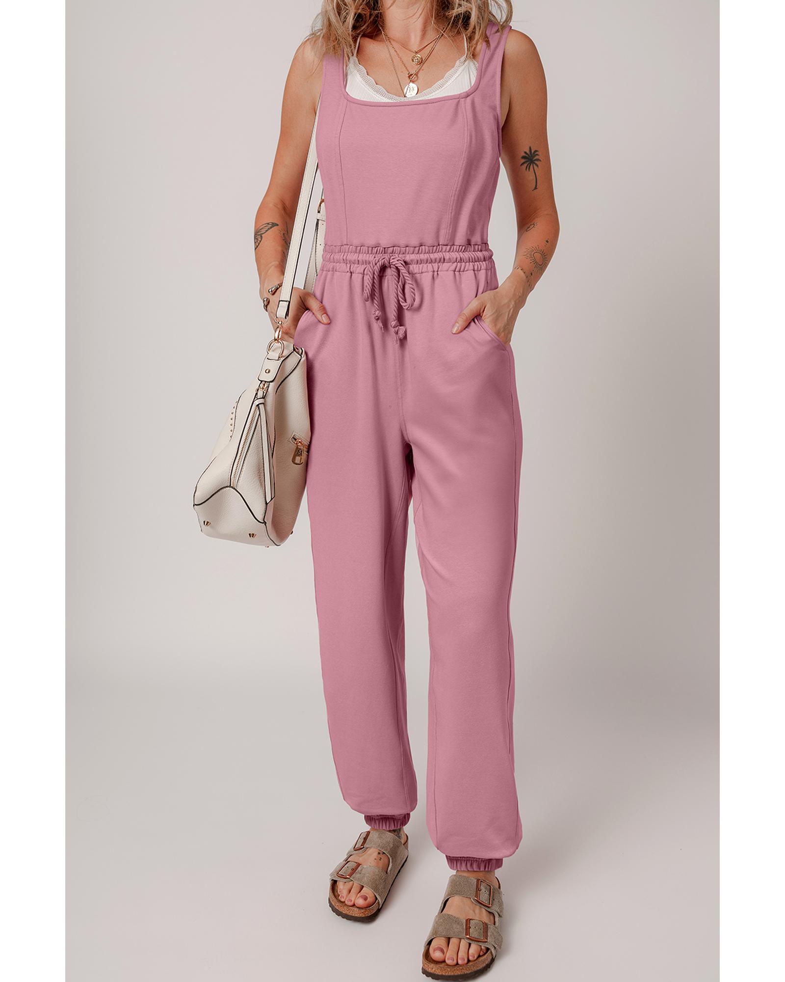 V539-AZEXDC6414084-P1010-L-202508302155-00 Light Pink Lace-up Elastic Waist Sleeveless Square Neck Jumpsuit - L - Image 1