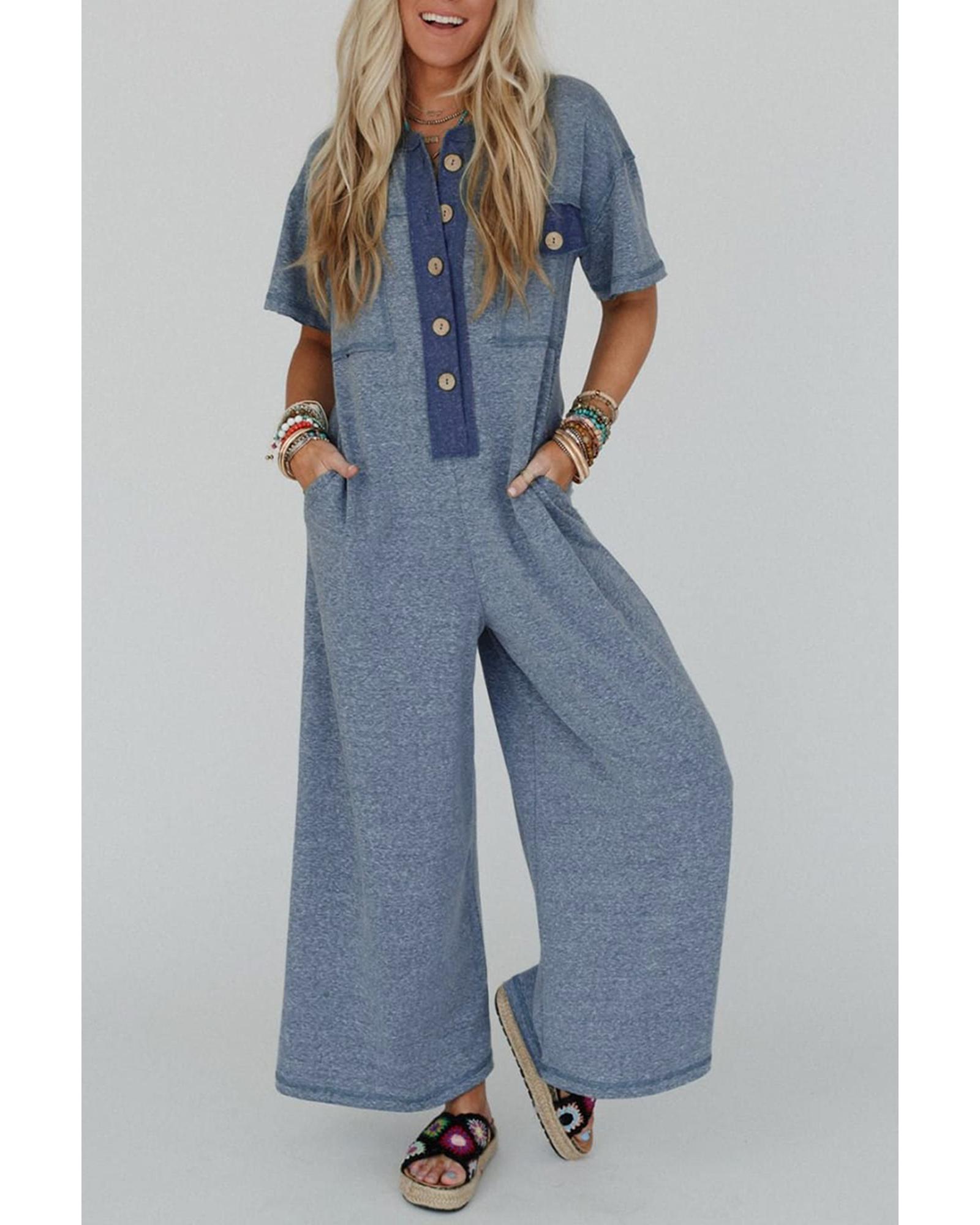 V539-AZEXDC6414096-P804-XL-202508281800-00 Beau Blue Half Placket Chest Pockets Short Sleeve Wide Leg Jumpsuit - XL - Image 1