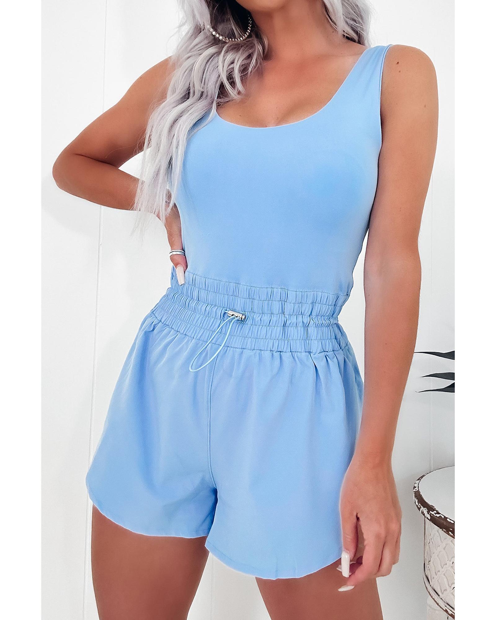 V539-AZEXDC6414105-P1204-S-202506150425-00 Myosotis Plain Sleeveless Loop Drawstring Cinched Waist Romper - S - Image 1