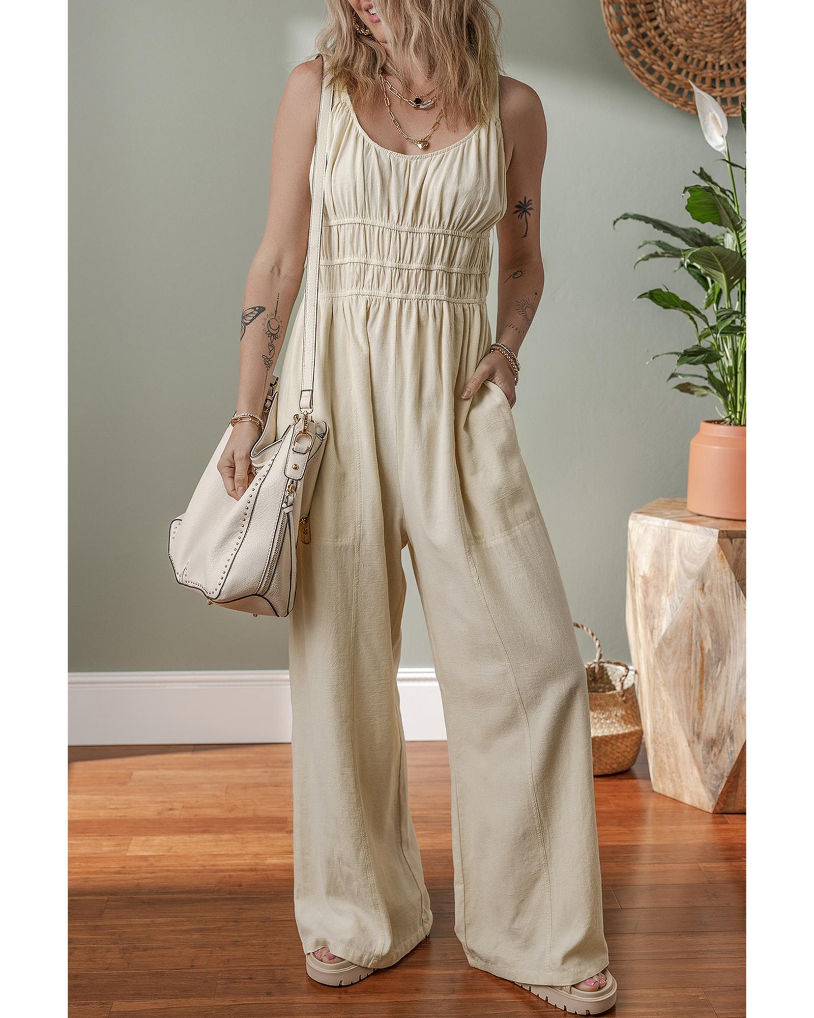 V539-AZEXDC6414128-P15-S-202506150436-00 Beige Ruched High Waist Sleeveless Wide Leg Jumpsuit - S - Image 1