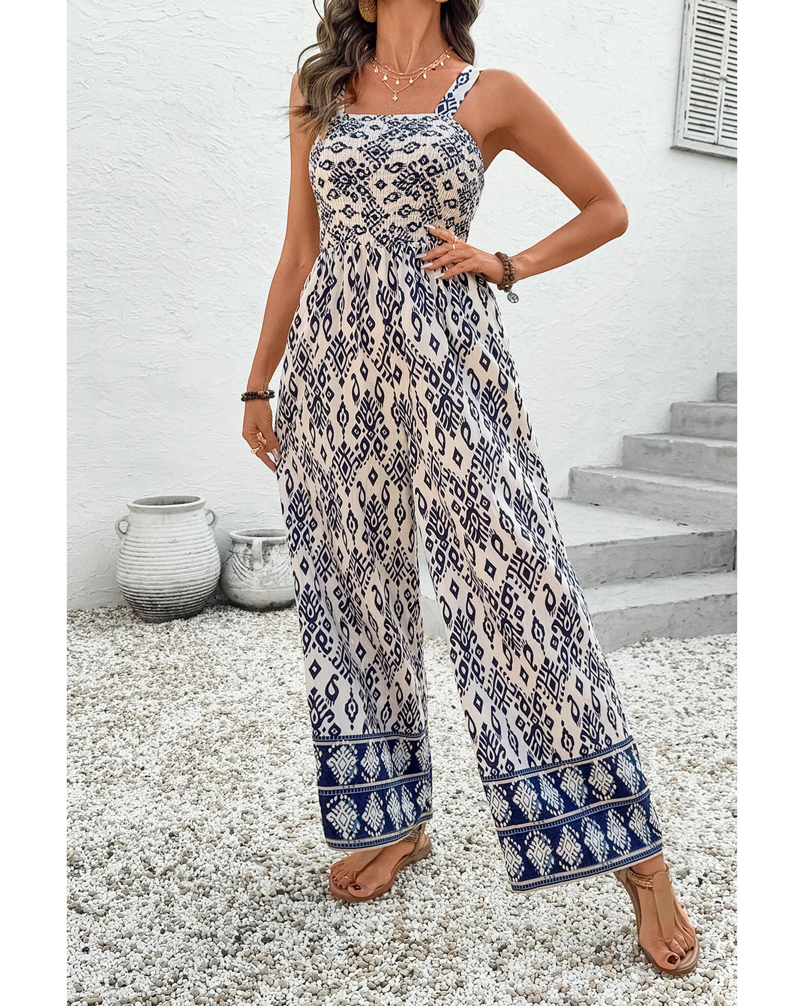 V539-AZEXDC6414156-P520-L-202508280730-00 Blue Boho Geometric Print Shirred High Waist Wide Leg Jumpsuit - L - Image 1