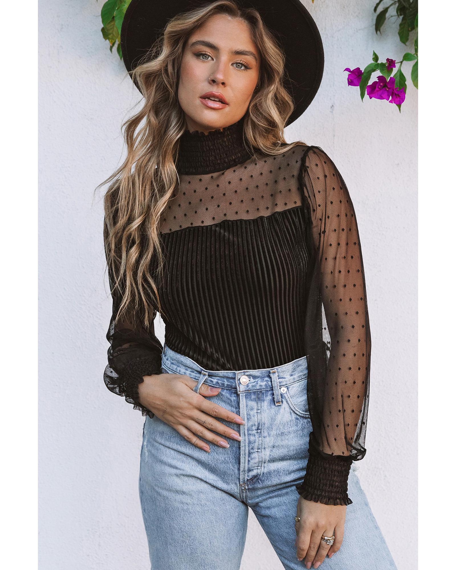 V539-AZEXDC6421176-2-S-202506150510-00 Black Sheer Dotty Long Sleeve Ribbed Velvet Bodysuit - S - Image 1