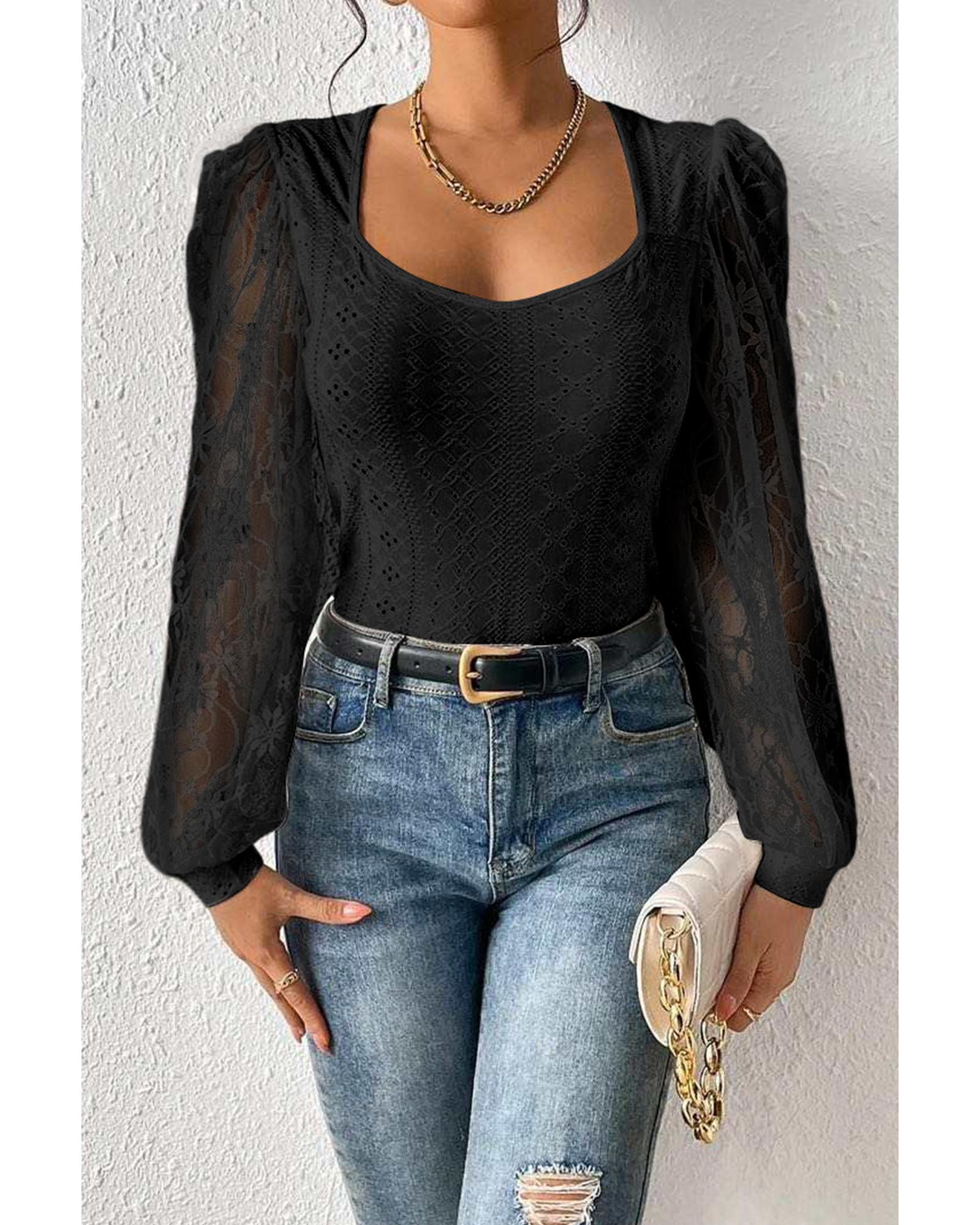 V539-AZEXDC6421585-P2-M-202508300140-00 Black Frenchy Contrast Lace Bishop Sleeve Bodysuit - M - Image 1