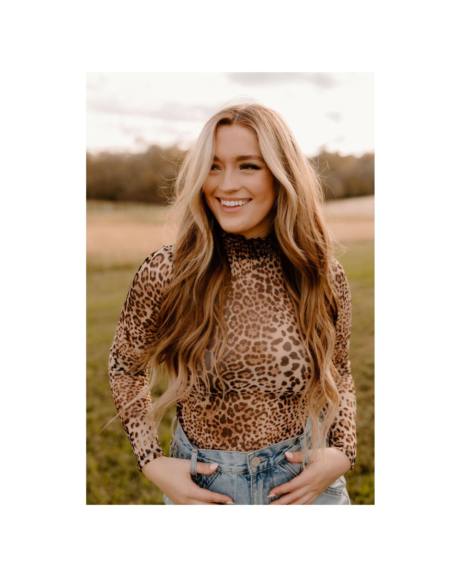 V539-AZEXDC6421657-P1720-XL-202508282030-00 Brown Leopard Smocked Neck Mesh Long Sleeve Bodysuit - XL - Image 1