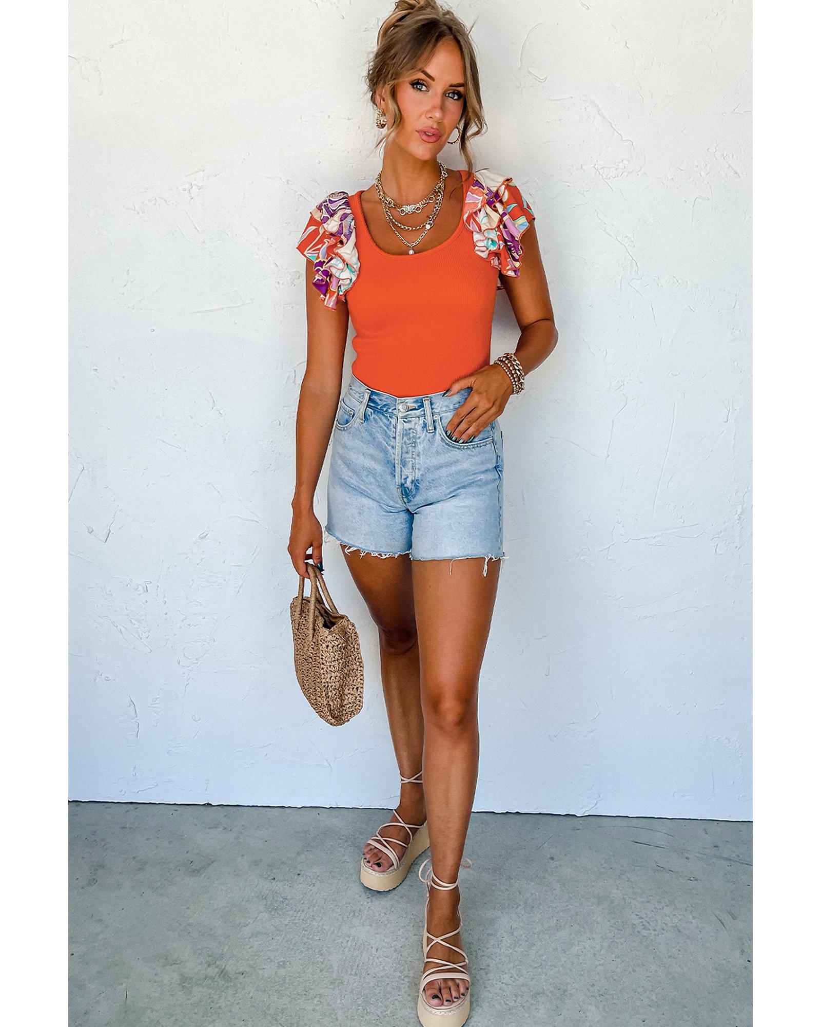 V539-AZEXDC6421664-P14-L-202508291605-00 Orange Ribbed Knit Tiered Ruffled Sleeve Bodysuit - L - Image 1