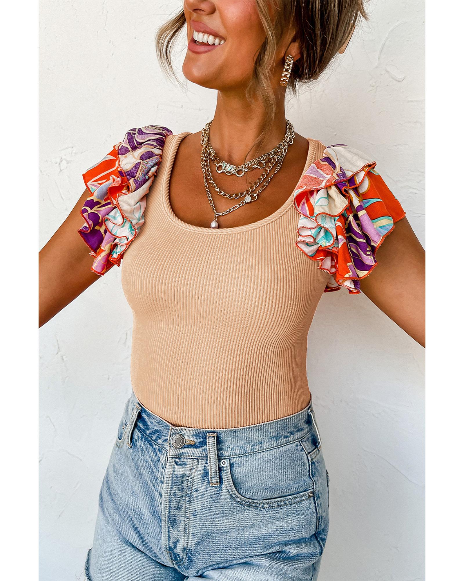 V539-AZEXDC6421664-P6016-S-202506150540-00 Parchment Ribbed Knit Tiered Ruffled Sleeve Bodysuit - S - Image 1