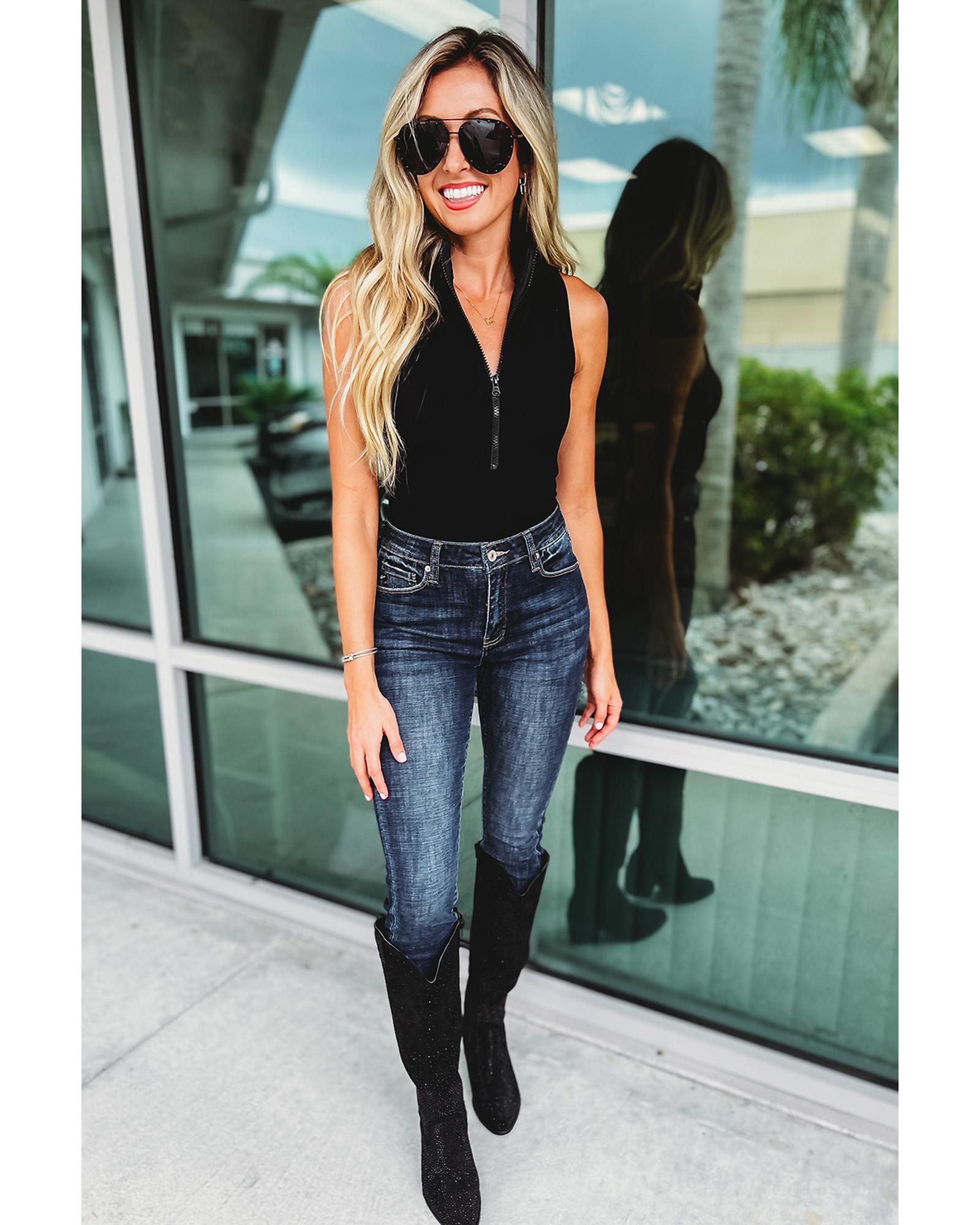 V539-AZEXDC6421665-P2-L-202508282310-00 Black Zip up Mock Neck Ribbed Sleeveless Bodysuit - L - Image 1