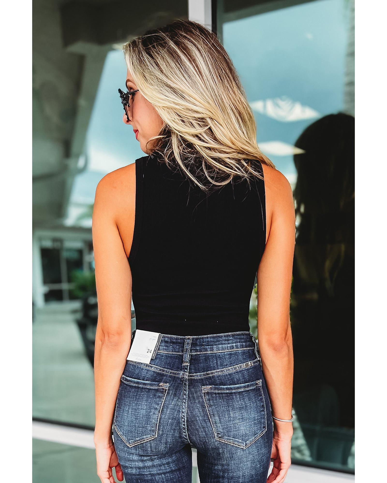 V539-AZEXDC6421665-P2-S-202508290135-00 Black Zip up Mock Neck Ribbed Sleeveless Bodysuit - S - Image 1