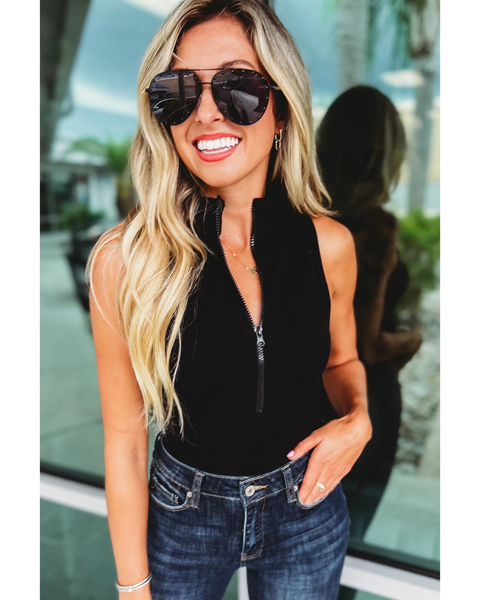 V539-AZEXDC6421665-P2-XL-202506150546-00 Black Zip up Mock Neck Ribbed Sleeveless Bodysuit - XL - Image 1