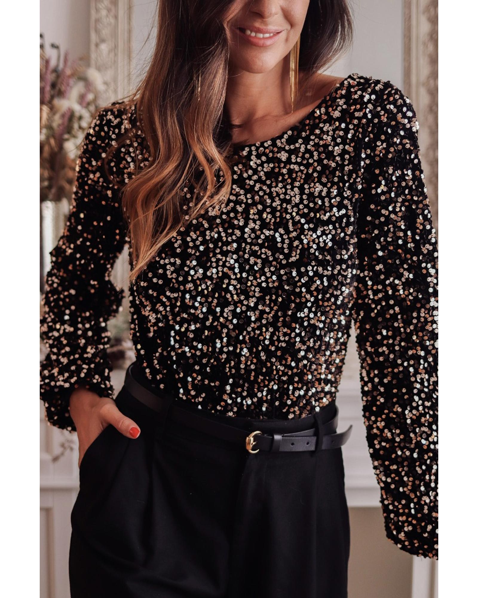 V539-AZEXDC6421801-P2-M-202508302345-00 Black Deep V Back Sequin Puff Sleeve Bodysuit - M - Image 1