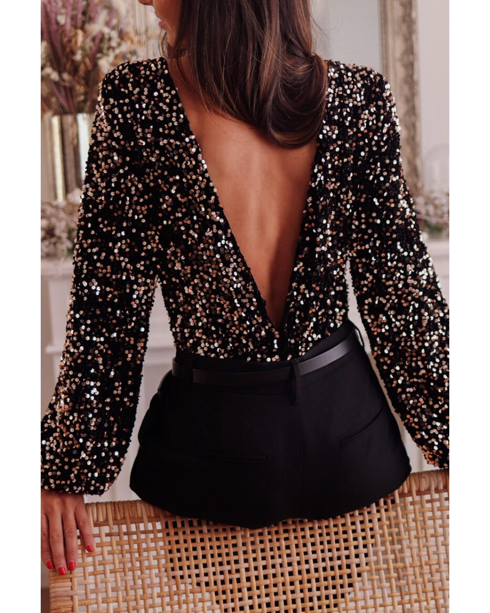 V539-AZEXDC6421801-P2-XL-202506150617-00 Black Deep V Back Sequin Puff Sleeve Bodysuit - XL - Image 1