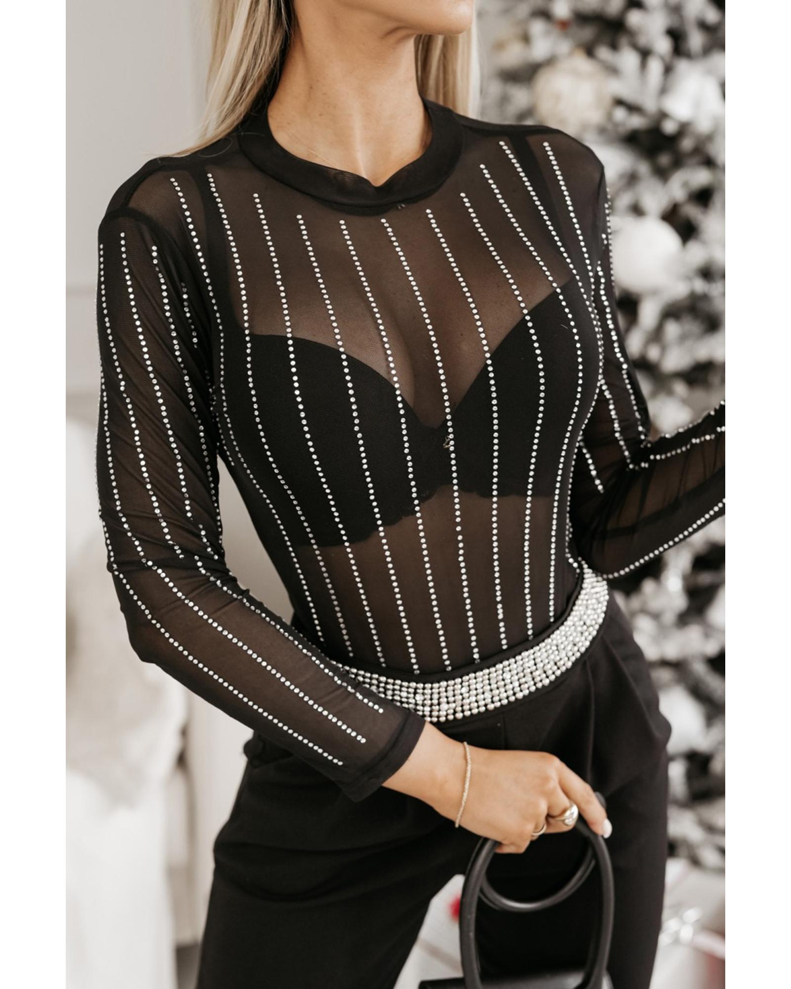 V539-AZEXDC6421806-P2-M-202508300915-00 Black Rhinestone Decor Striped Mesh Long Sleeve Bodysuit - M - Image 1