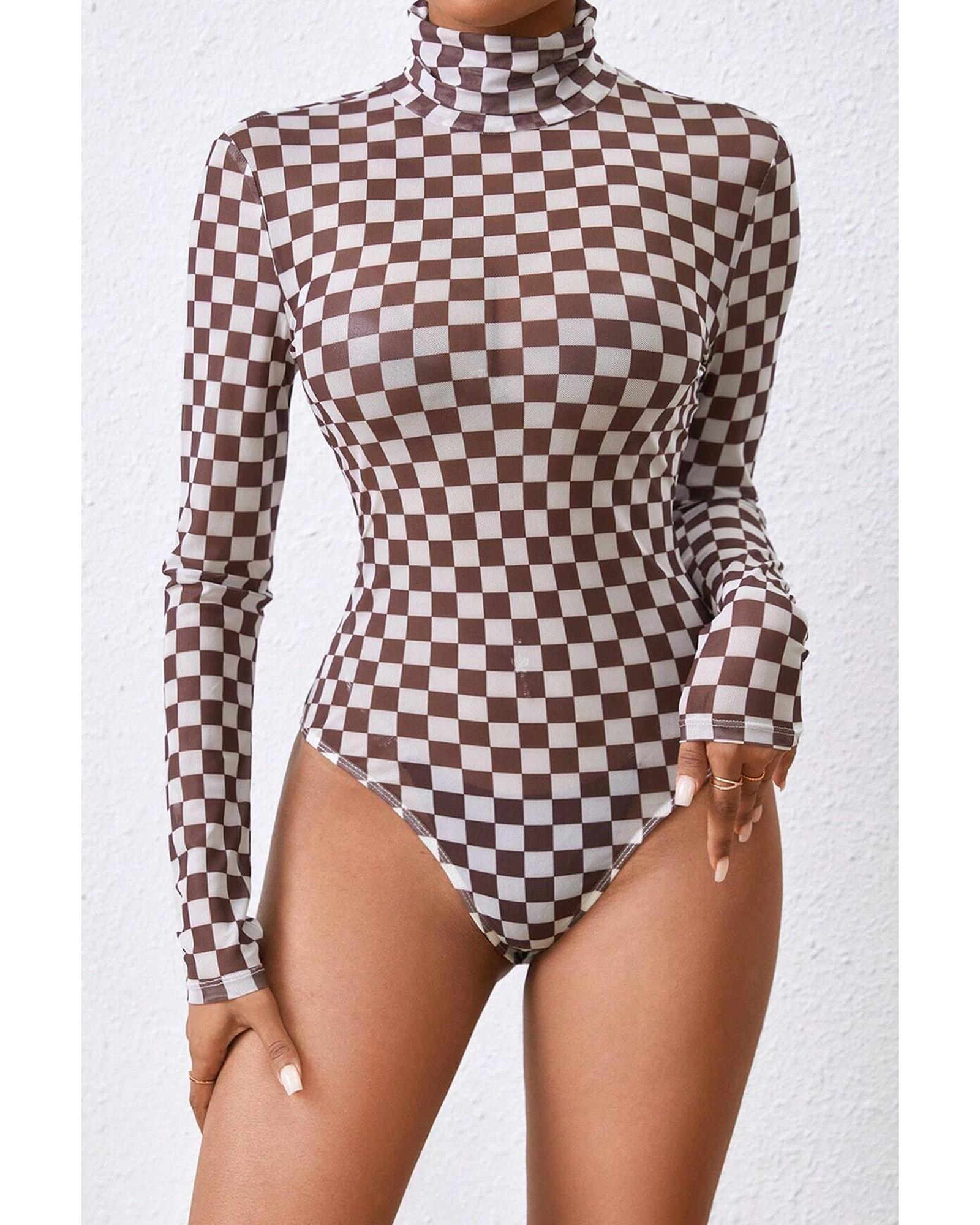 V539-AZEXDC6421813-P1720-XL-202508301745-00 Brown Checkered Printed Long Sleeve High Neck Bodysuit - XL - Image 1