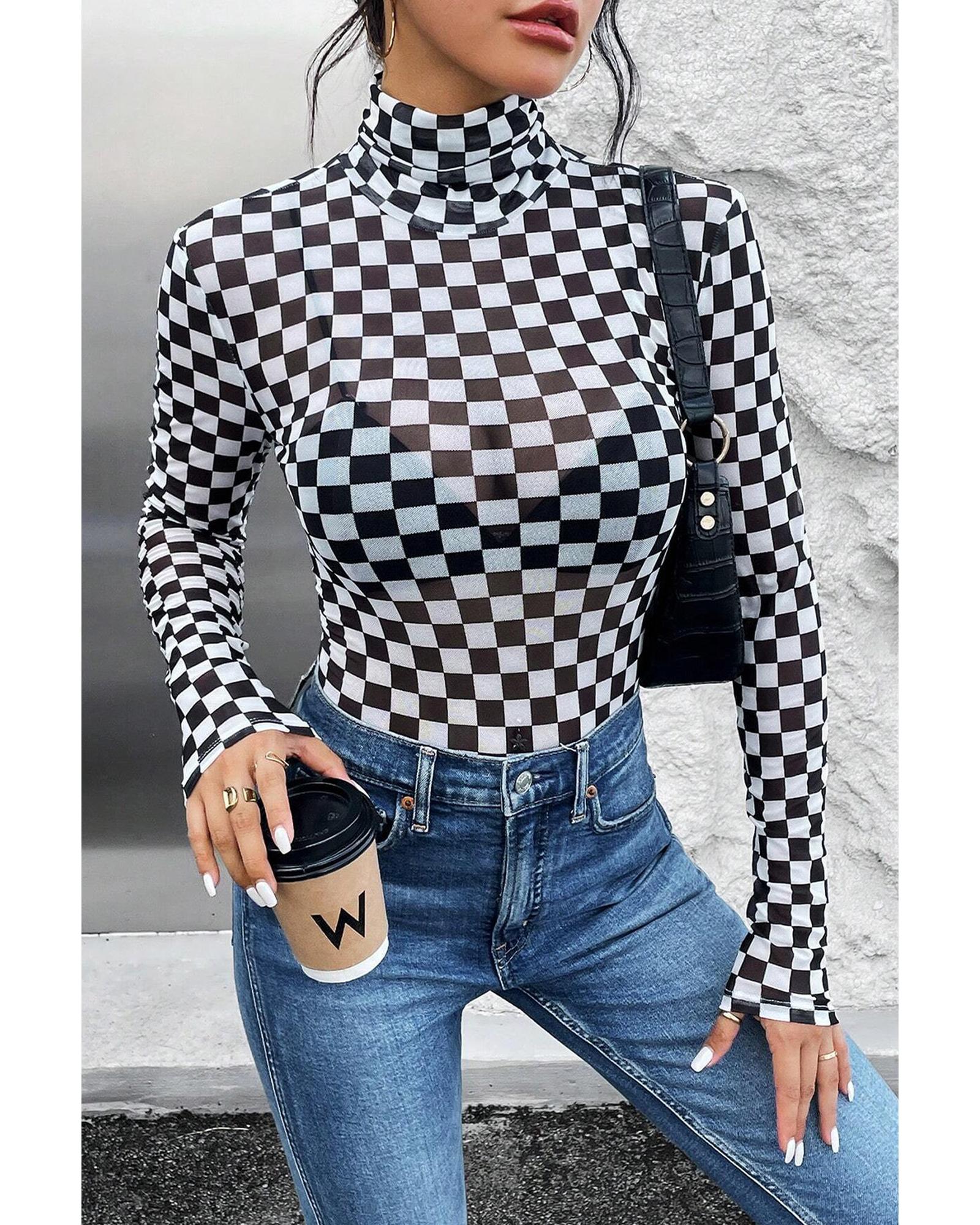 V539-AZEXDC6421813-P220-S-202506191837-00 Black Checkered Printed Long Sleeve High Neck Bodysuit - S - Image 1