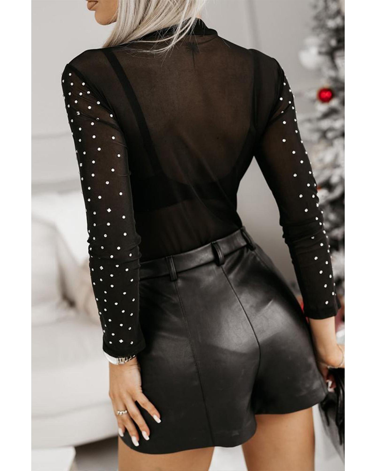 V539-AZEXDC6421833-P2-L-202508302220-00 Black Rhinestone Sheer Mesh Long Sleeve Bodysuit - L - Image 1