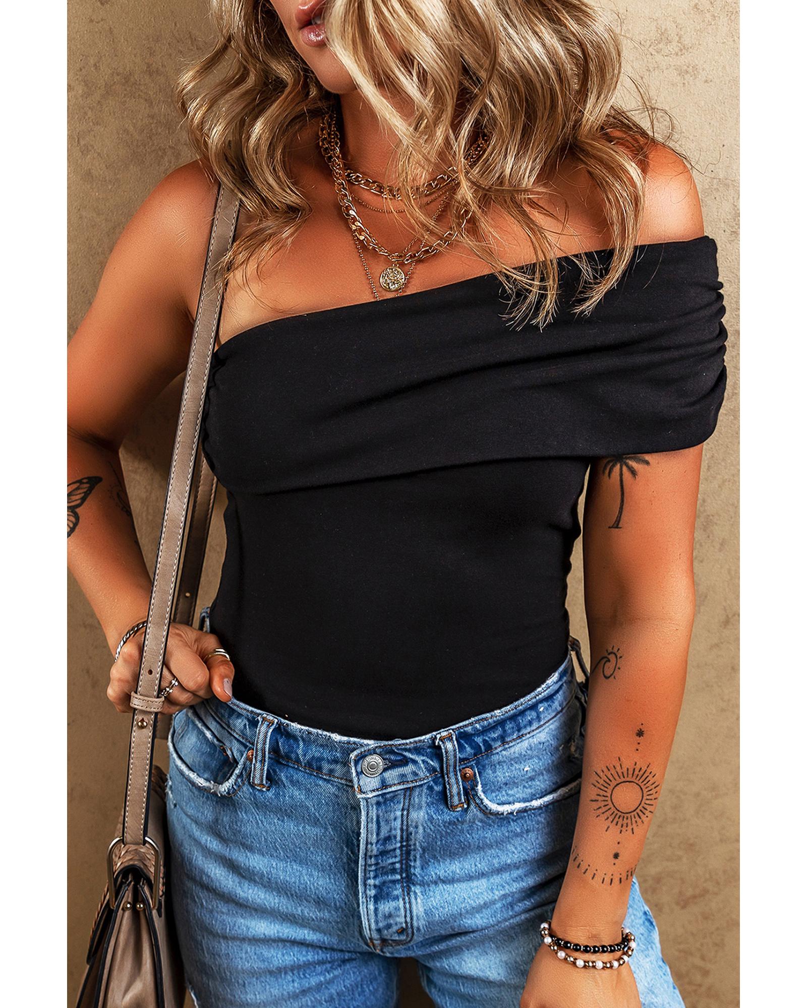 V539-AZEXDC6421919-P2-XL-202506150710-00 Black Solid Color Pleated One Shoulder Bodysuit - XL - Image 1