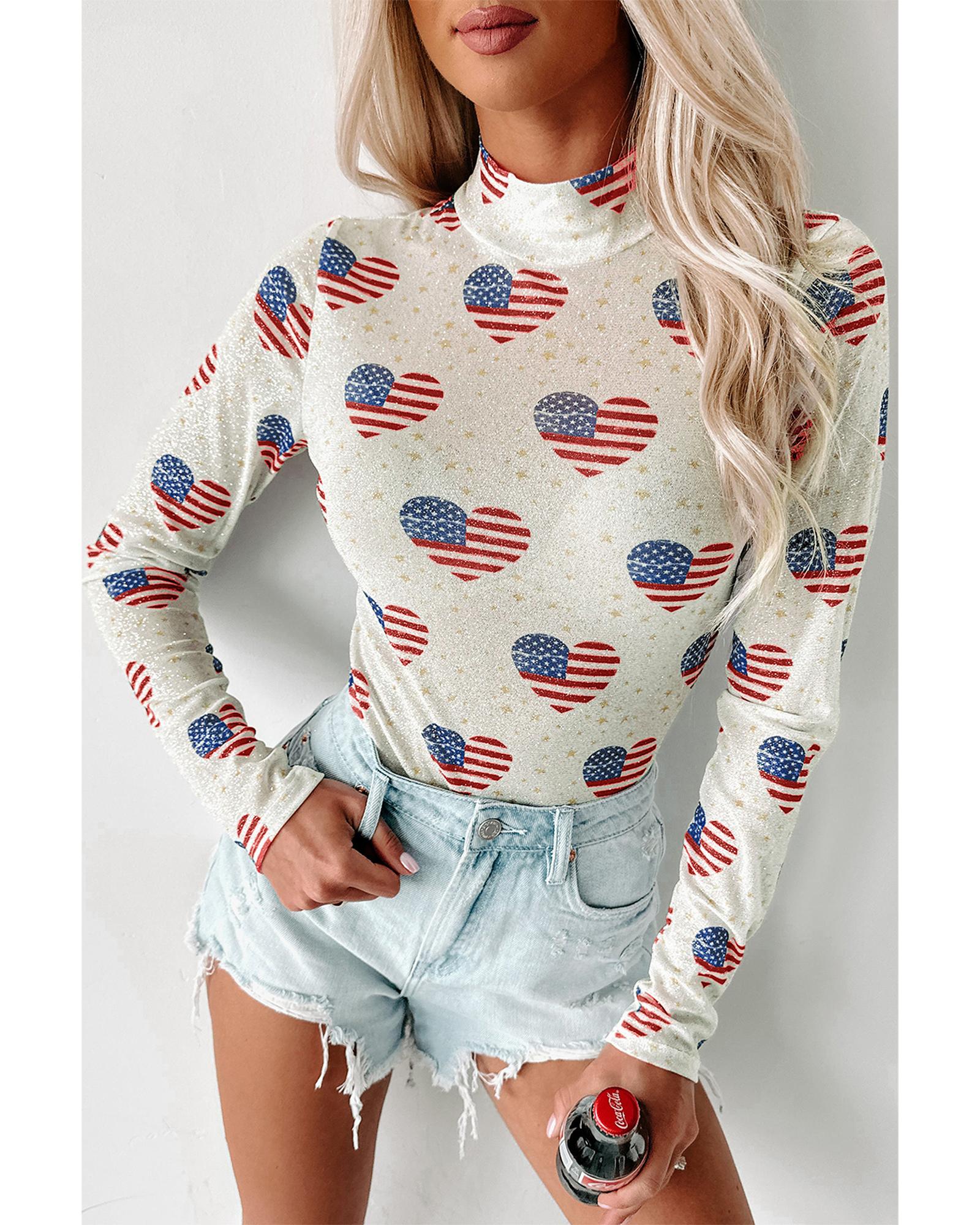 V539-AZEXDC6421961-P120-S-202506150331-00 White Americana Glitter Mesh Long Sleeve Bodysuit - S - Image 1