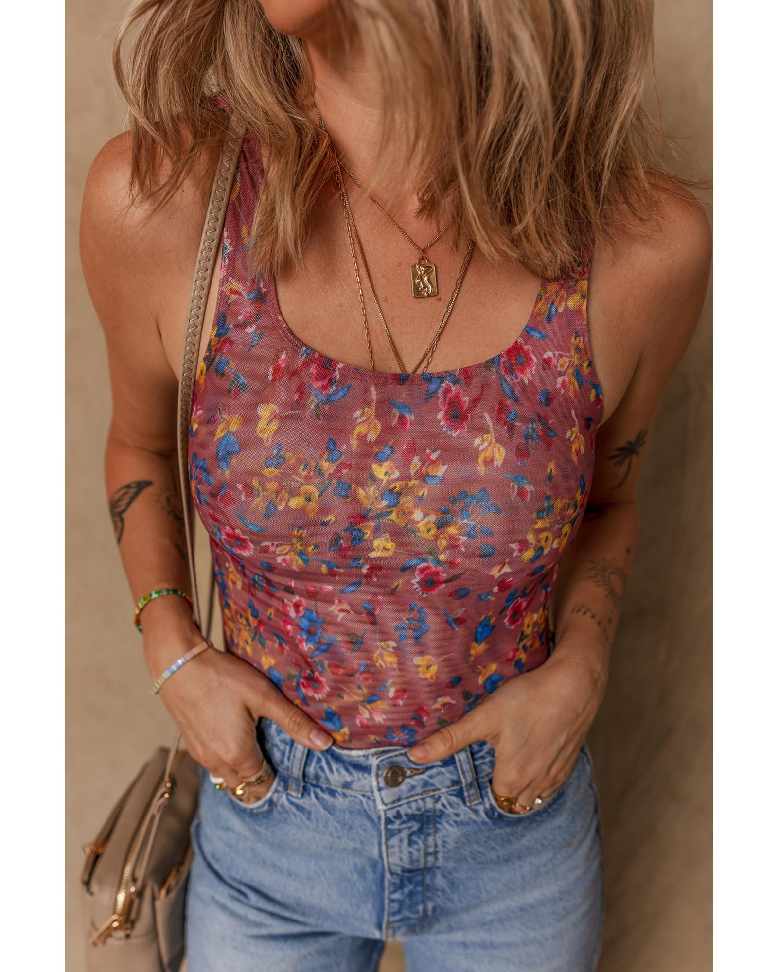 V539-AZEXDC6421977-P820-M-202508301645-00 Purple Floral Printed Mesh U Neck Sleeveless Bodysuit - M - Image 1