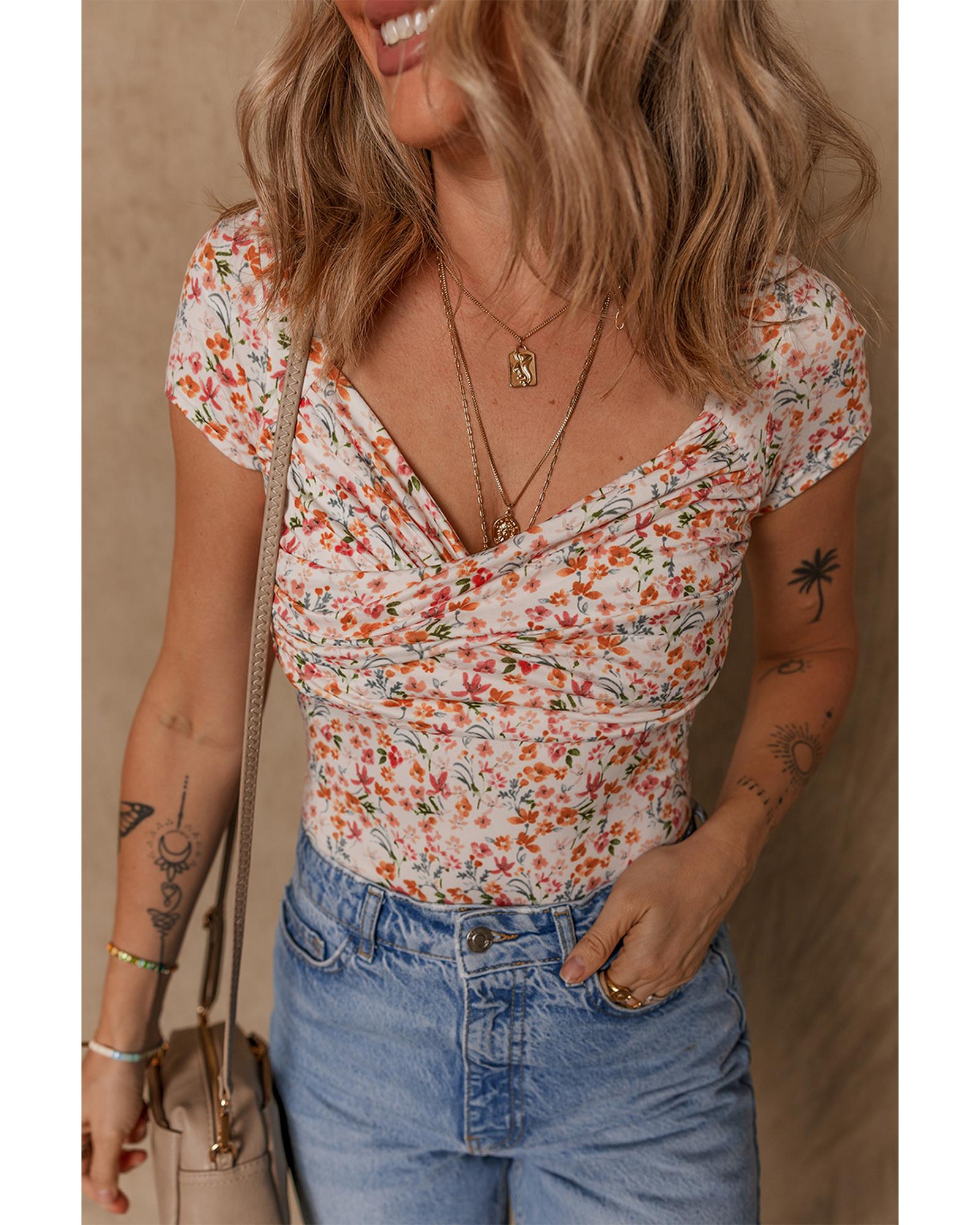 V539-AZEXDC6421978-P1420-XL-202508310045-00 Orange Short Sleeve Floral Ruched Sweetheart Bodysuit - XL - Image 1
