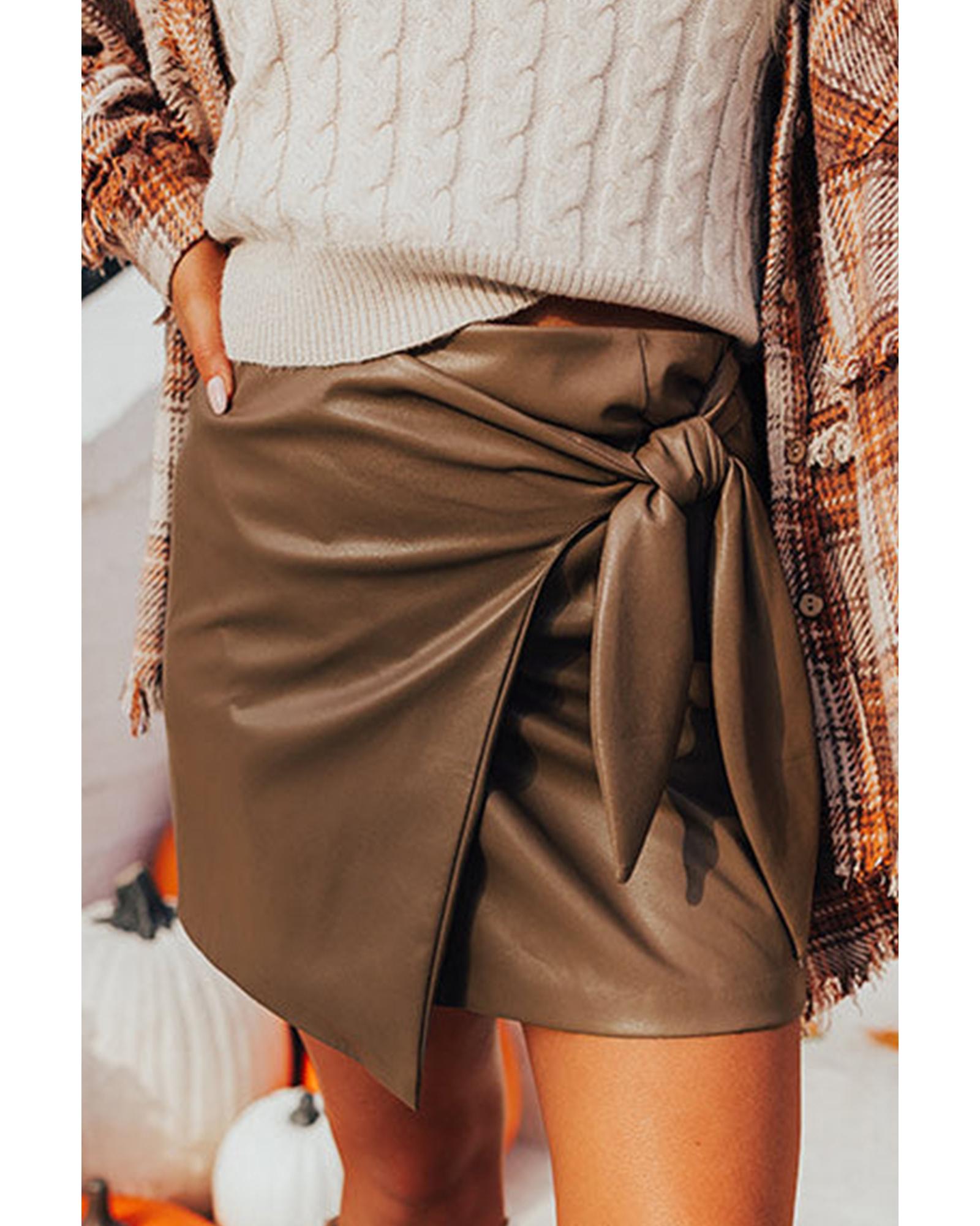 V539-AZEXDC721843-P1017-XL-202508300540-00 Coffee Bowknot Faux Leather Mini Skirt - XL - Image 1
