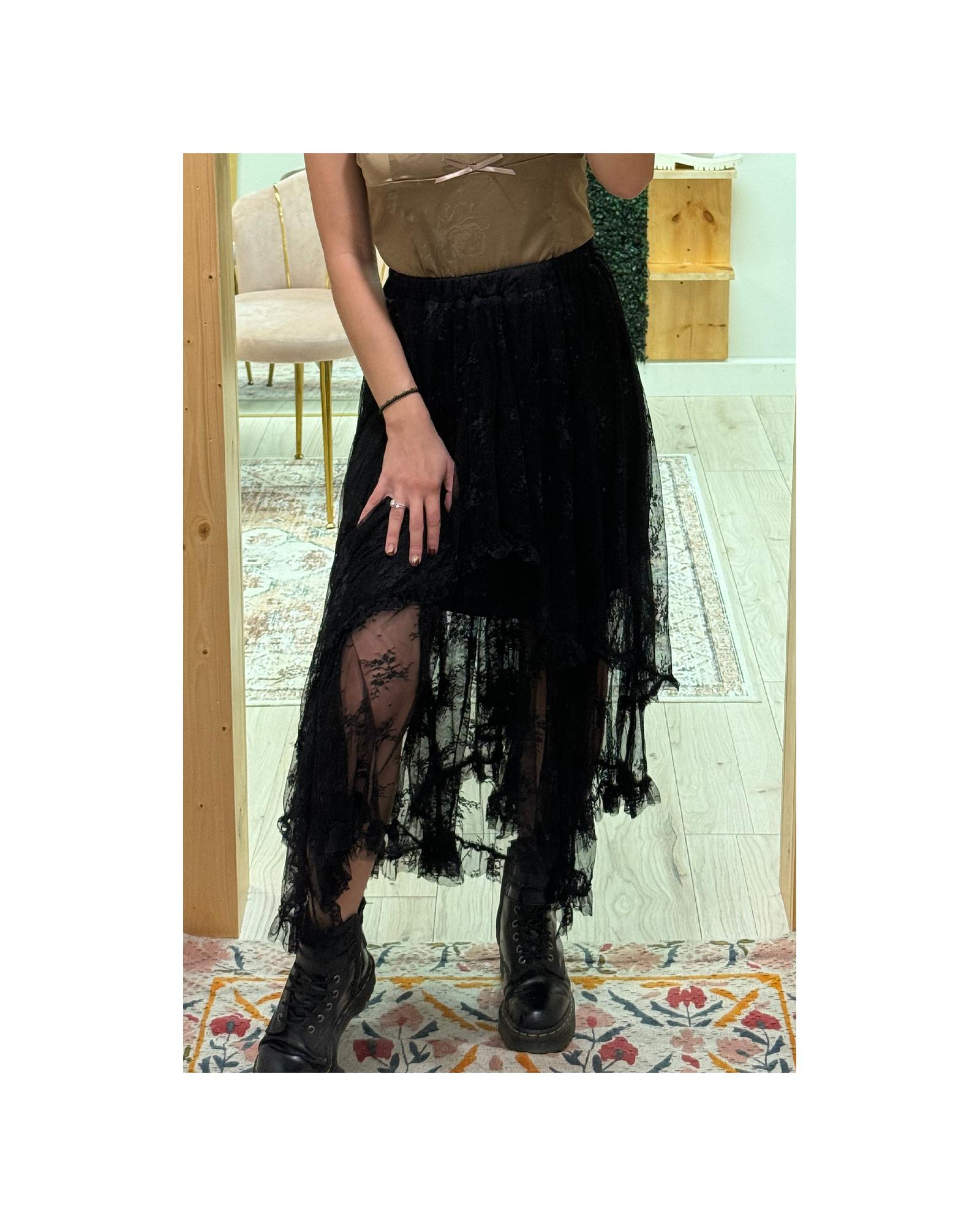 V539-AZEXDC721938-P2-M-202508280430-00 Black Lace Cascading Tiered High Waist Maxi Skirt - M - Image 1