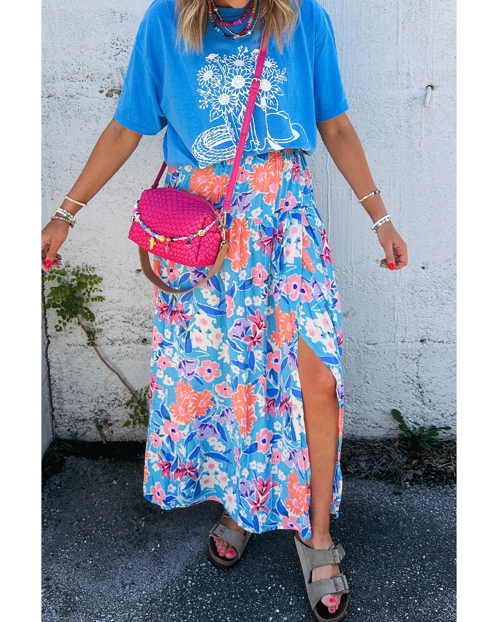 V539-AZEXDC721942-P420-M-202508281540-00 Sky Blue Floral Printed High Waist Split Wrap Long Skirt - M - Image 1