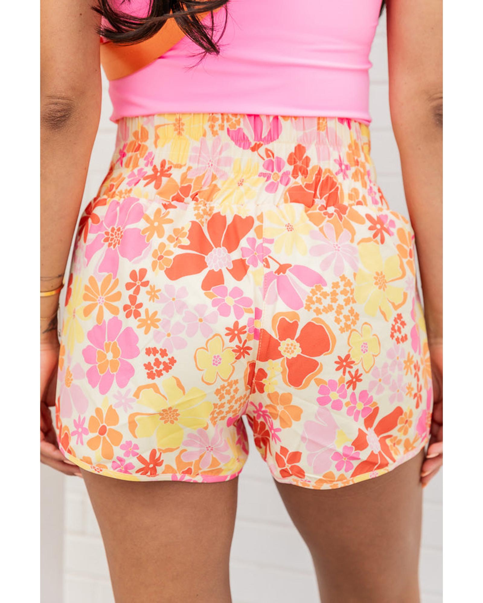V539-AZEXDC731571-P1420-L-202508300235-00 Orange Boho Floral Shirred High Waist Casual Shorts - L - Image 1