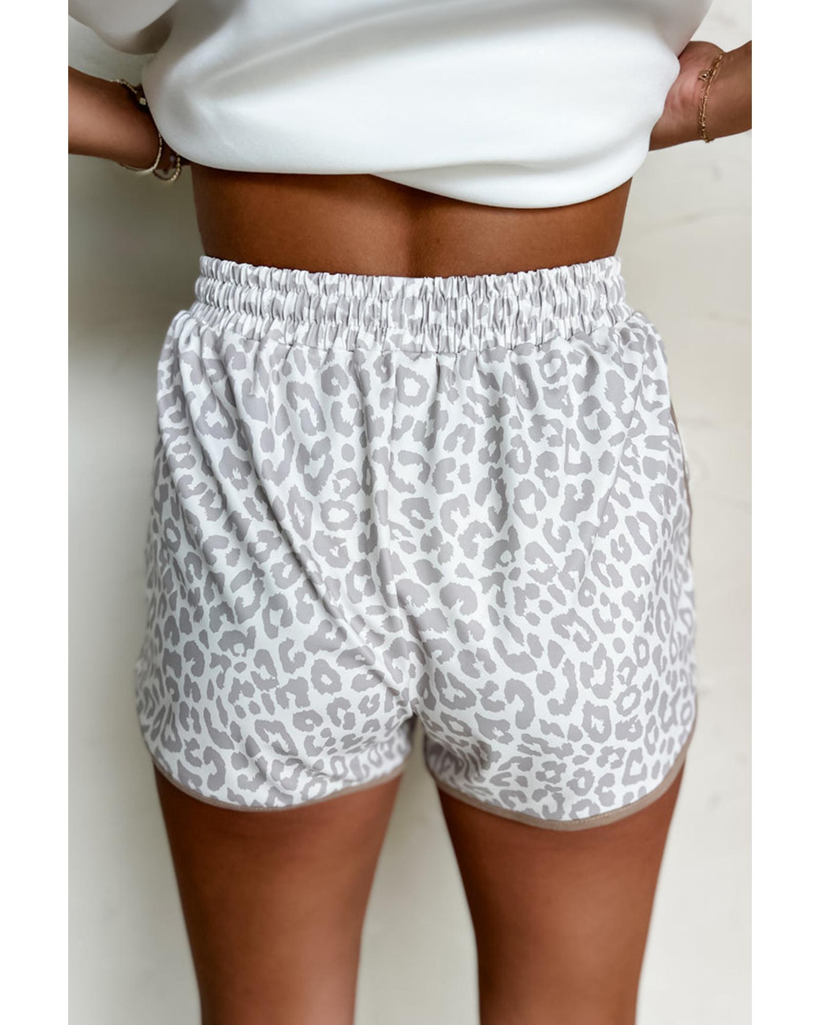 V539-AZEXDC731818-P120-L-202508301425-00 White Leopard Elastic Waist Lace up Contrast Trim Casual Shorts - L - Image 1