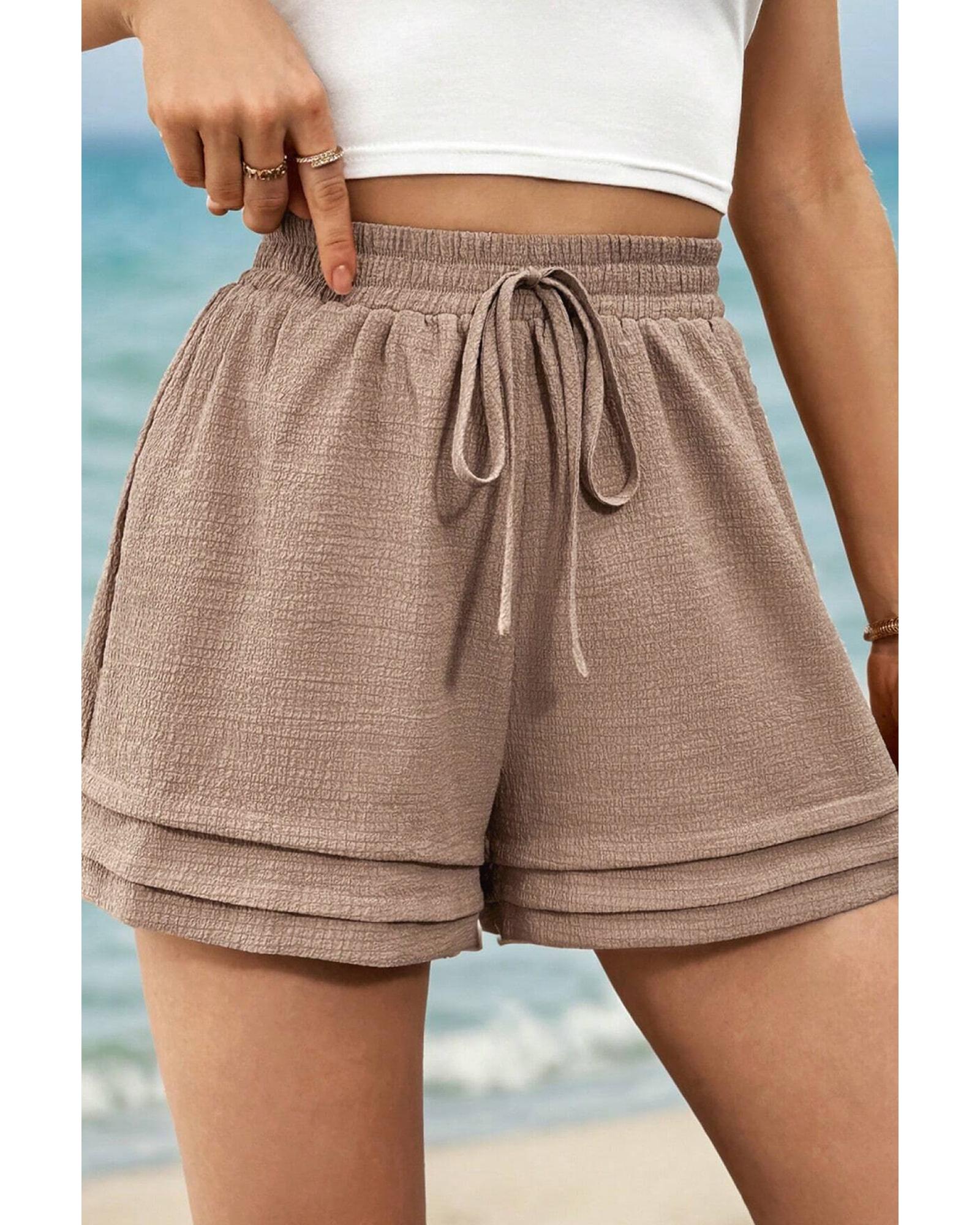 V539-AZEXDC731855-P8016-M-202508302020-00 Straw Yellow Textured Tiered Edge High Waist Casual Shorts - M - Image 1
