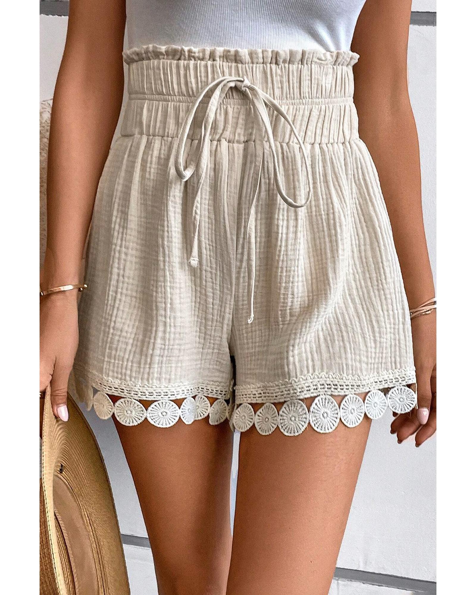 V539-AZEXDC731856-P18-S-202506150626-00 Apricot Textured Frilled Knotted High Waist Lace Hem Shorts - S - Image 1