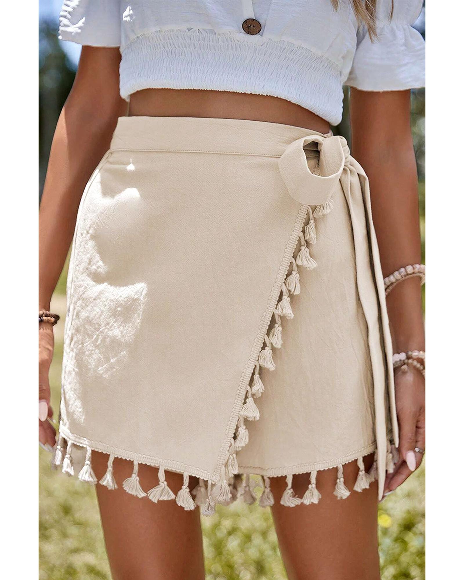 V539-AZEXDC731895-P18-XL-202508302005-00 Apricot Tassel Trim Wrap Knot Side Bohemian Style Mini Skort - XL - Image 1