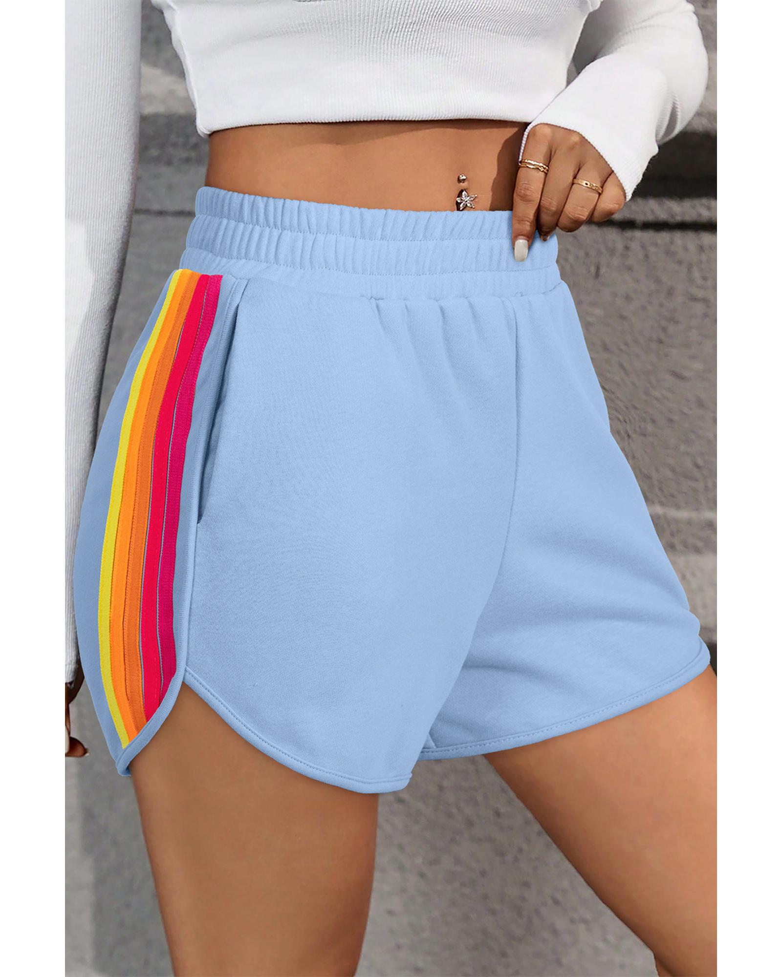 V539-AZEXDC731977-P804-M-202508310050-00 Beau Blue Color Block Stripes Elastic High Waist Active Shorts - M - Image 1