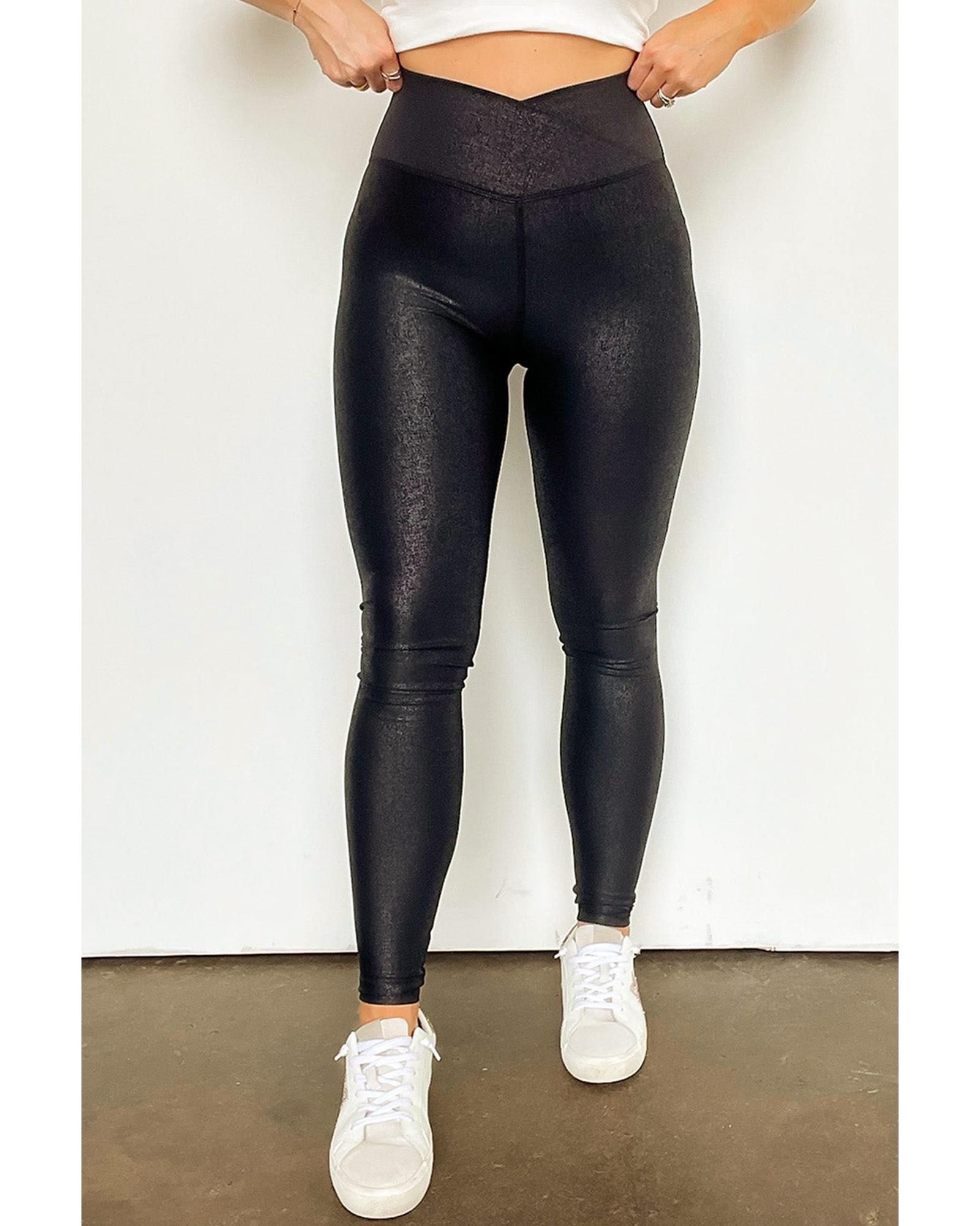V539-AZEXDC761401-P2-M-202508310215-00 Black Crossed Dip Waist Sleek Leather Leggings - M - Image 1