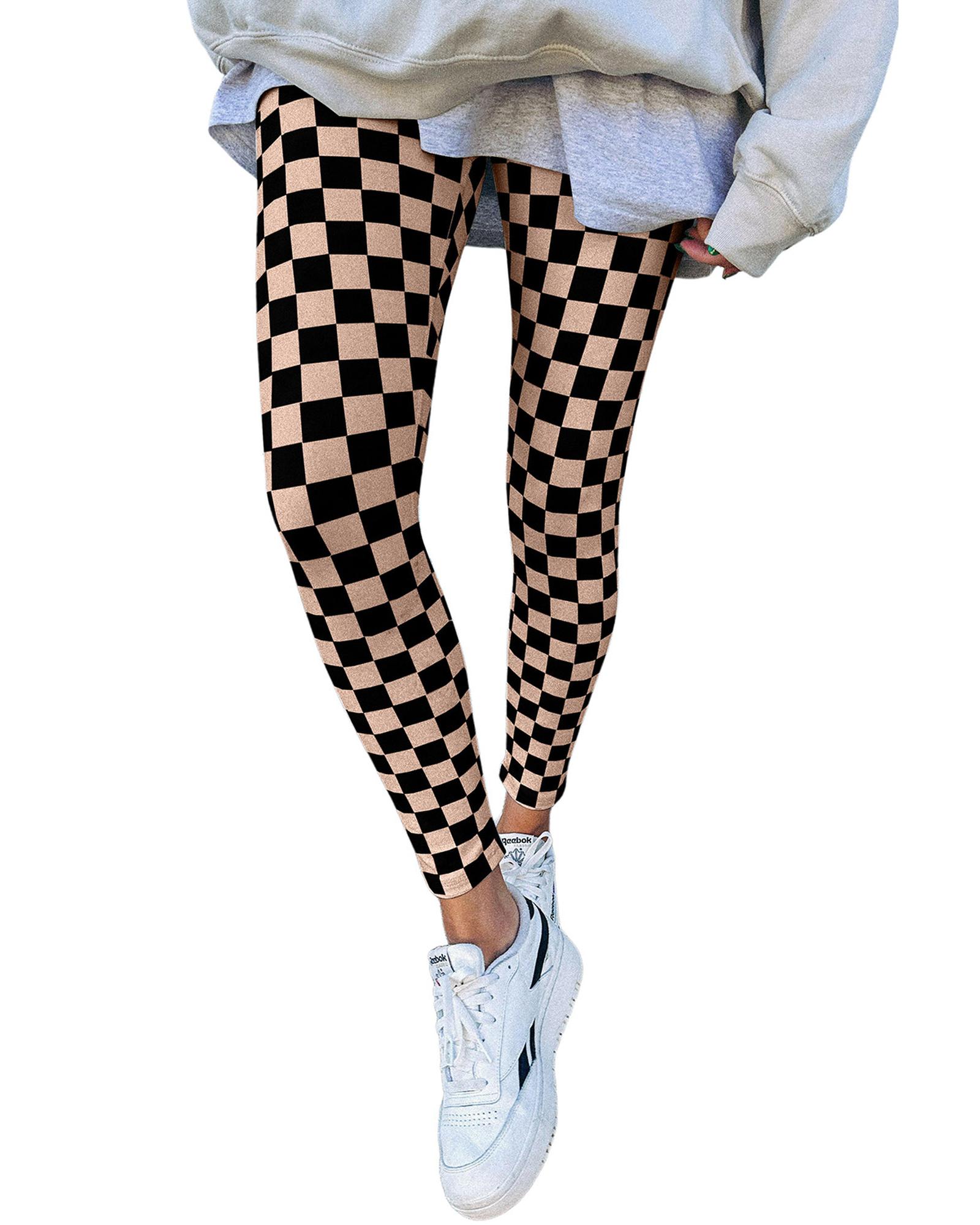 V539-AZEXDC761585-P1620-L-202508300040-00 Khaki Checkered Pattern High Waist Skinny Leggings - L - Image 1